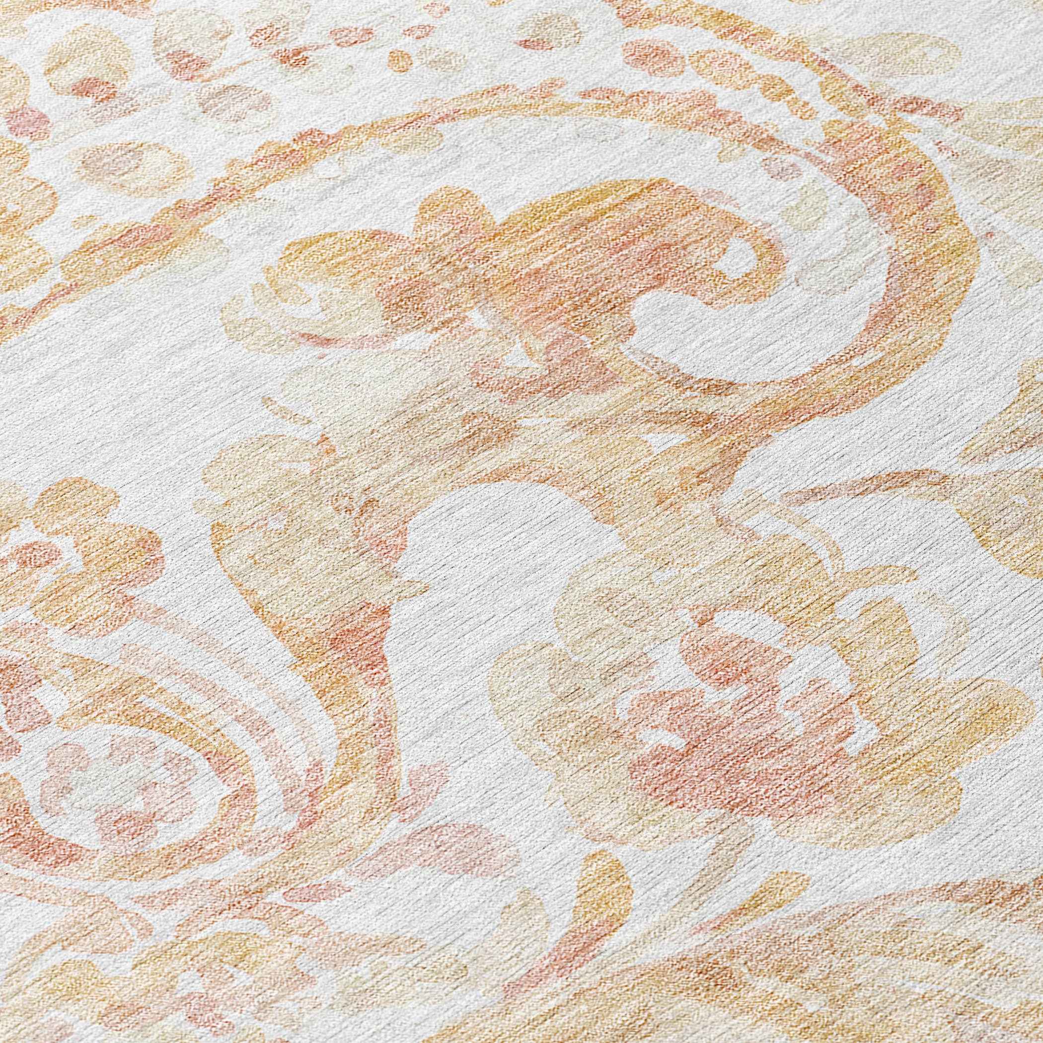 5' X 8' Coral Ivory And Peach Paisley Washable Indoor Outdoor Area Rug