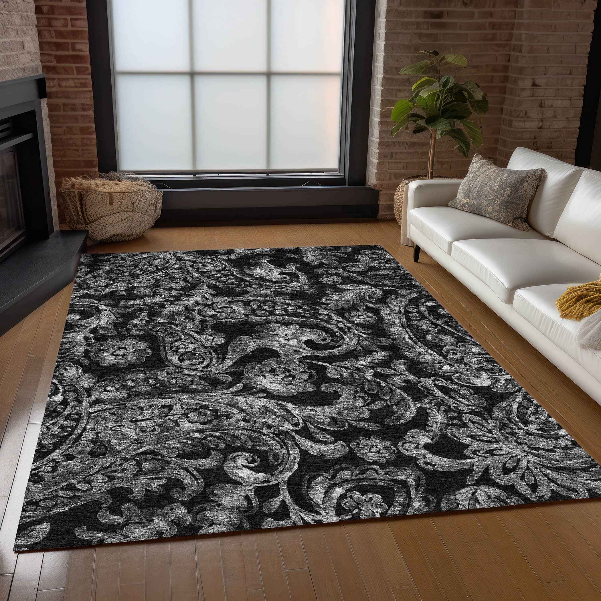 10' X 14' Black Gray And Charcoal Paisley Washable Indoor Outdoor Area Rug