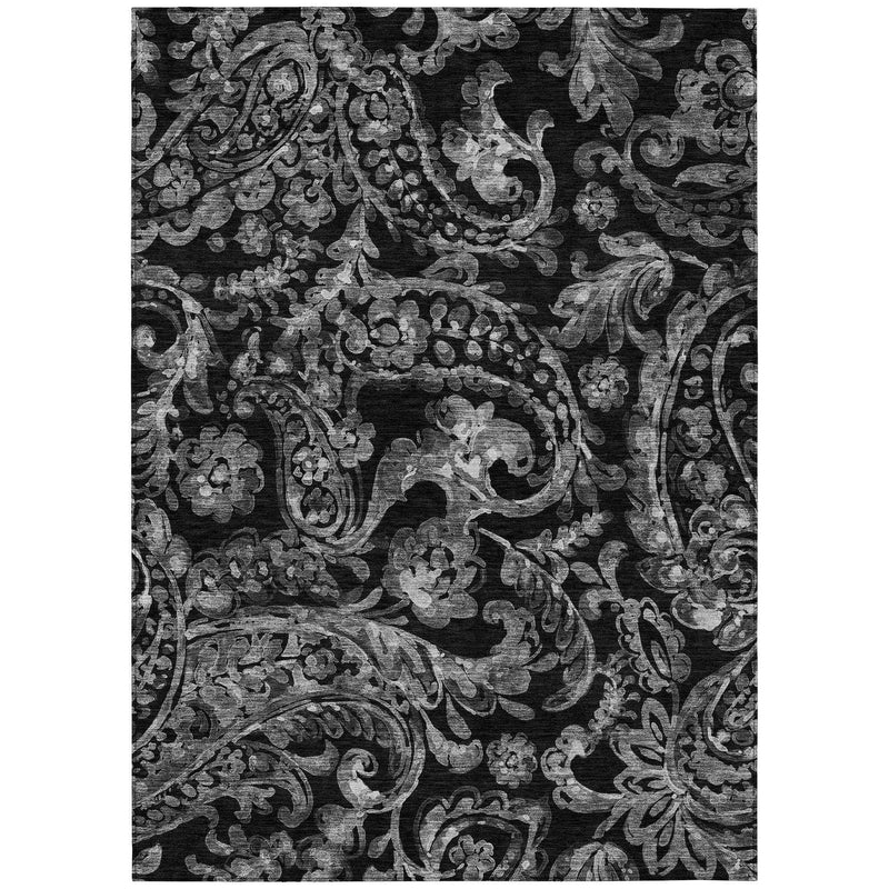 10' X 14' Black Gray And Charcoal Paisley Washable Indoor Outdoor Area Rug