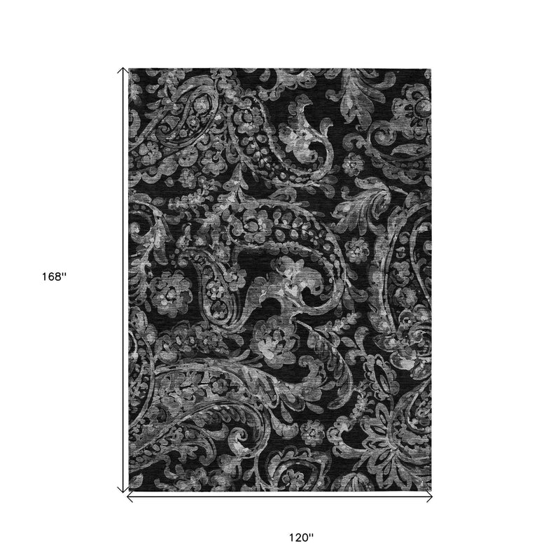 10' X 14' Black Gray And Charcoal Paisley Washable Indoor Outdoor Area Rug