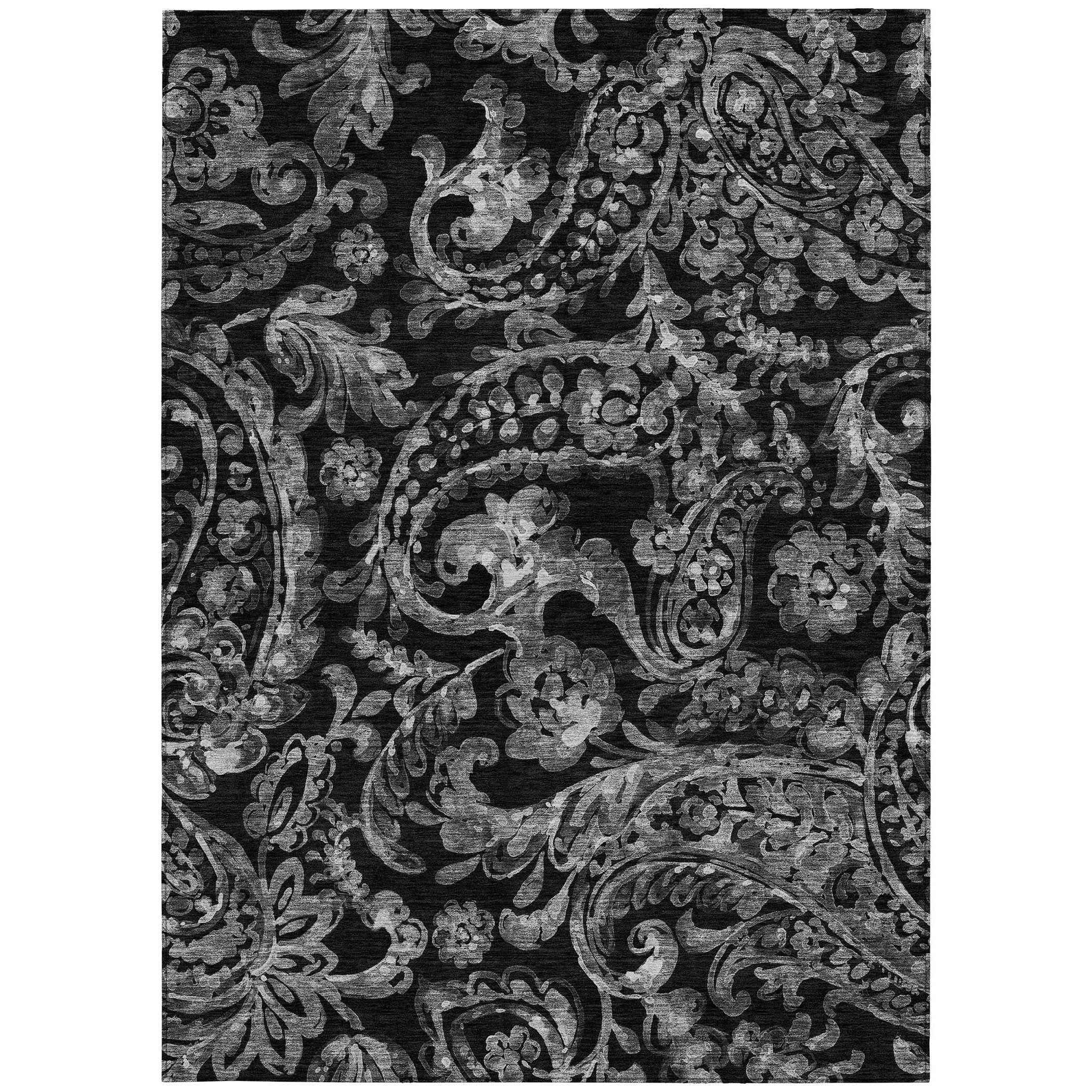 10' X 14' Black Gray And Charcoal Paisley Washable Indoor Outdoor Area Rug