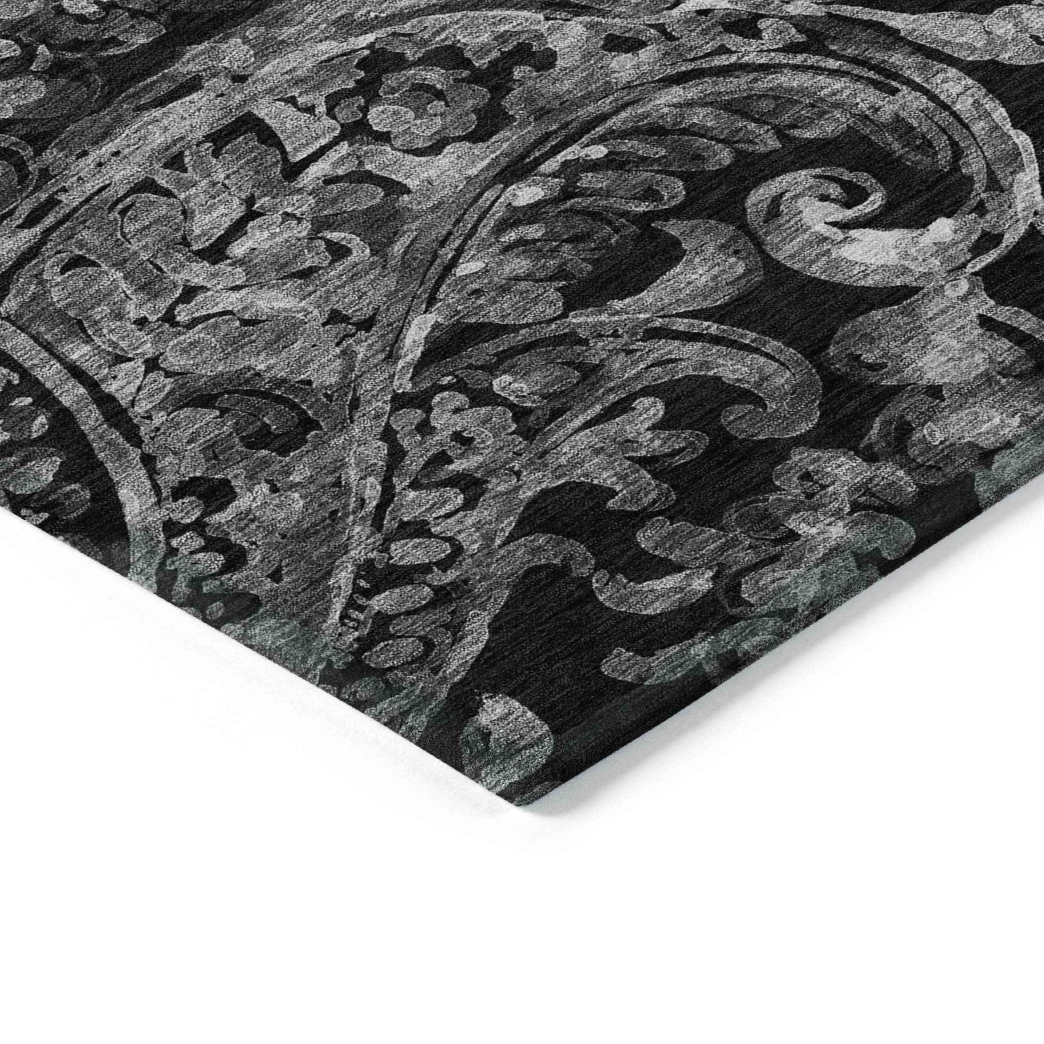 10' X 14' Black Gray And Charcoal Paisley Washable Indoor Outdoor Area Rug