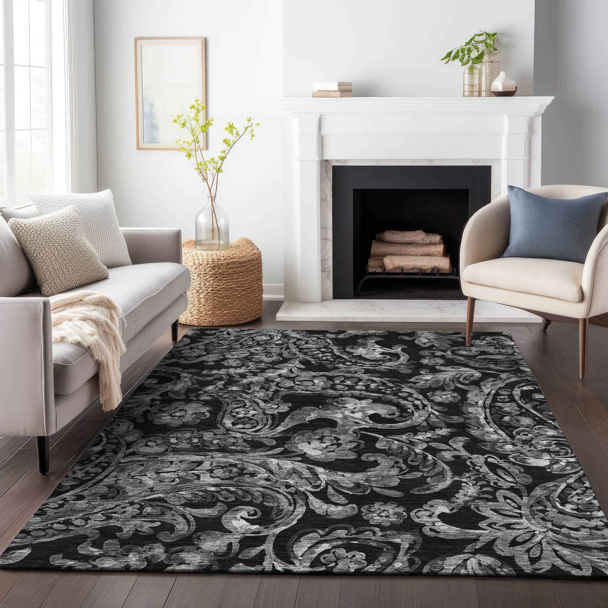 10' X 14' Black Gray And Charcoal Paisley Washable Indoor Outdoor Area Rug