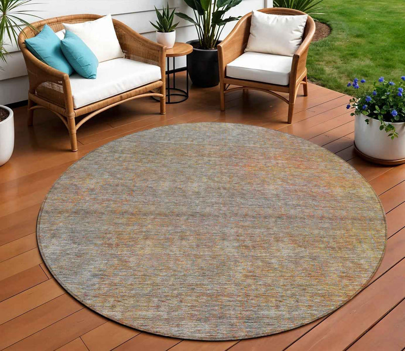 8' Gray Charcoal And Orange Round Abstract Washable Indoor Outdoor Area Rug