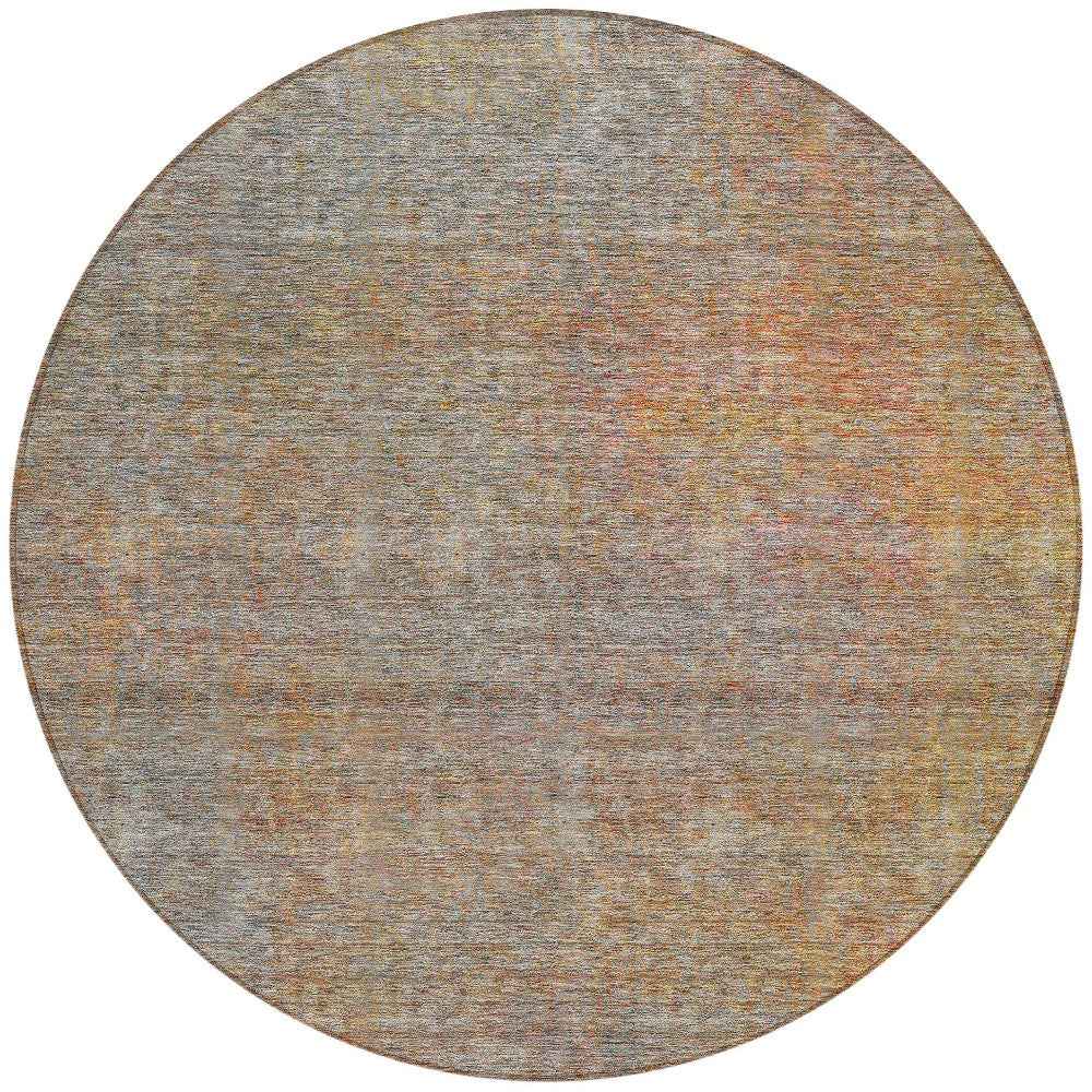 8' Gray Charcoal And Orange Round Abstract Washable Indoor Outdoor Area Rug