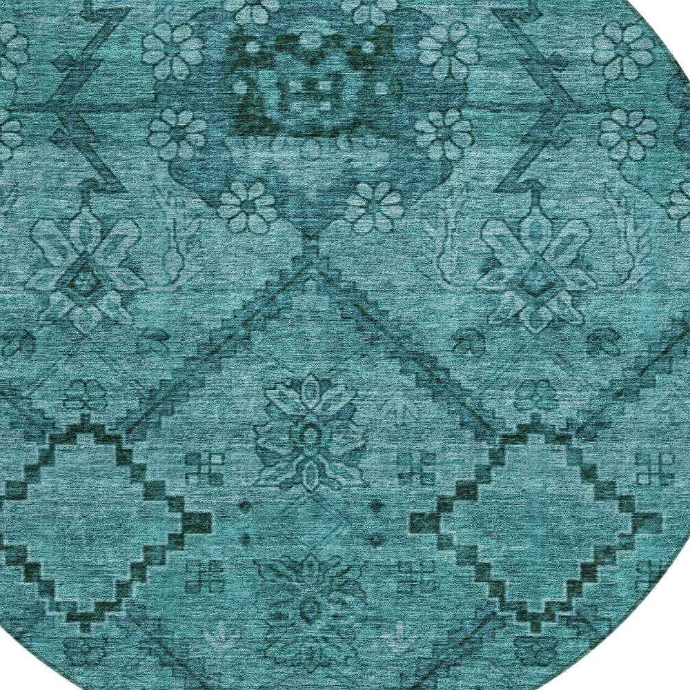 8' Teal Blue And Aqua Round Floral Washable Indoor Outdoor Area Rug