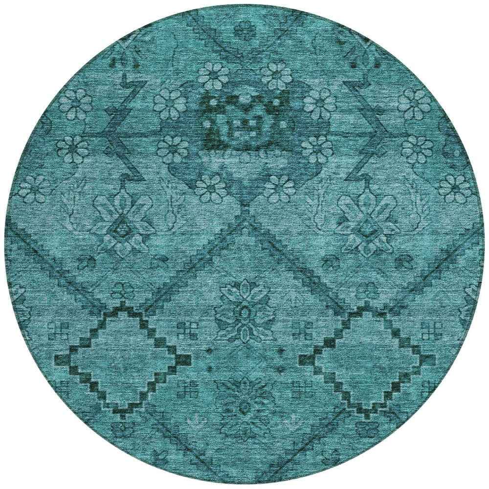8' Teal Blue And Aqua Round Floral Washable Indoor Outdoor Area Rug
