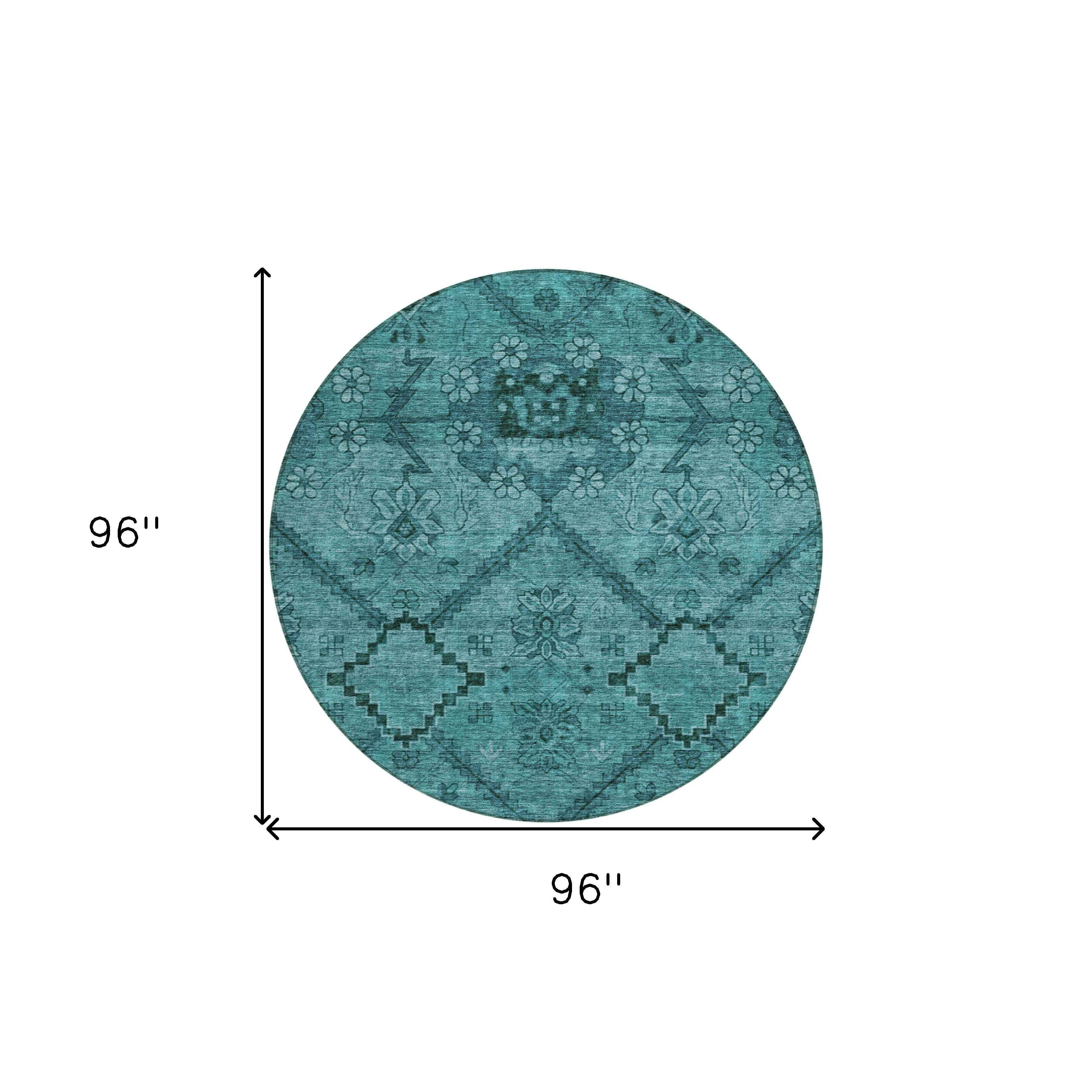 8' Teal Blue And Aqua Round Floral Washable Indoor Outdoor Area Rug