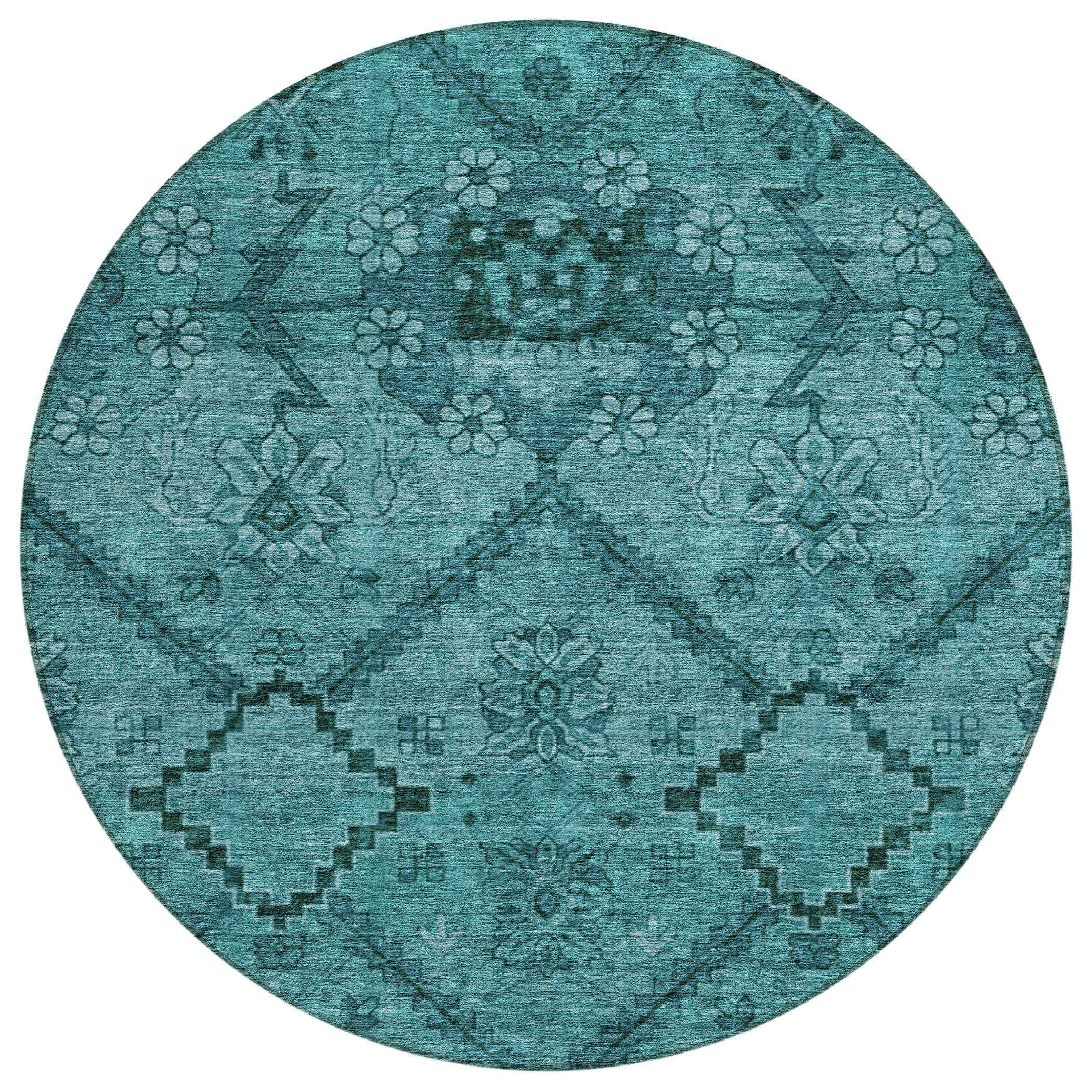 8' Teal Blue And Aqua Round Floral Washable Indoor Outdoor Area Rug
