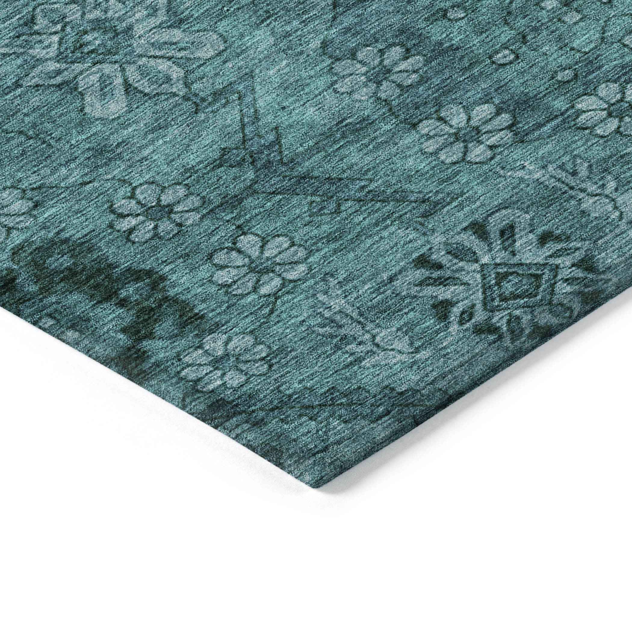 8' Teal Blue And Aqua Round Floral Washable Indoor Outdoor Area Rug