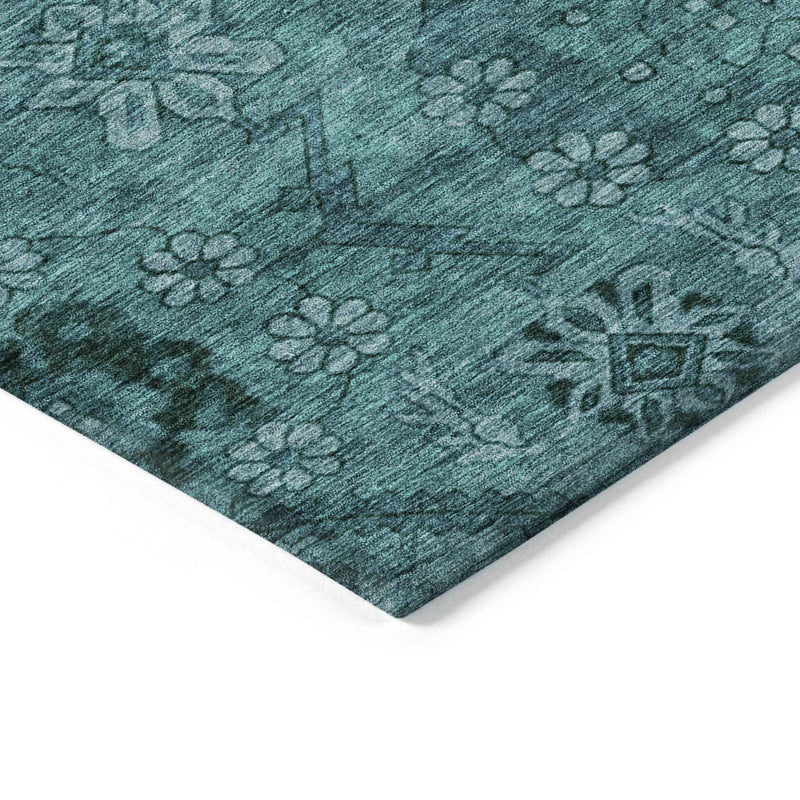 8' Teal Blue And Aqua Round Floral Washable Indoor Outdoor Area Rug