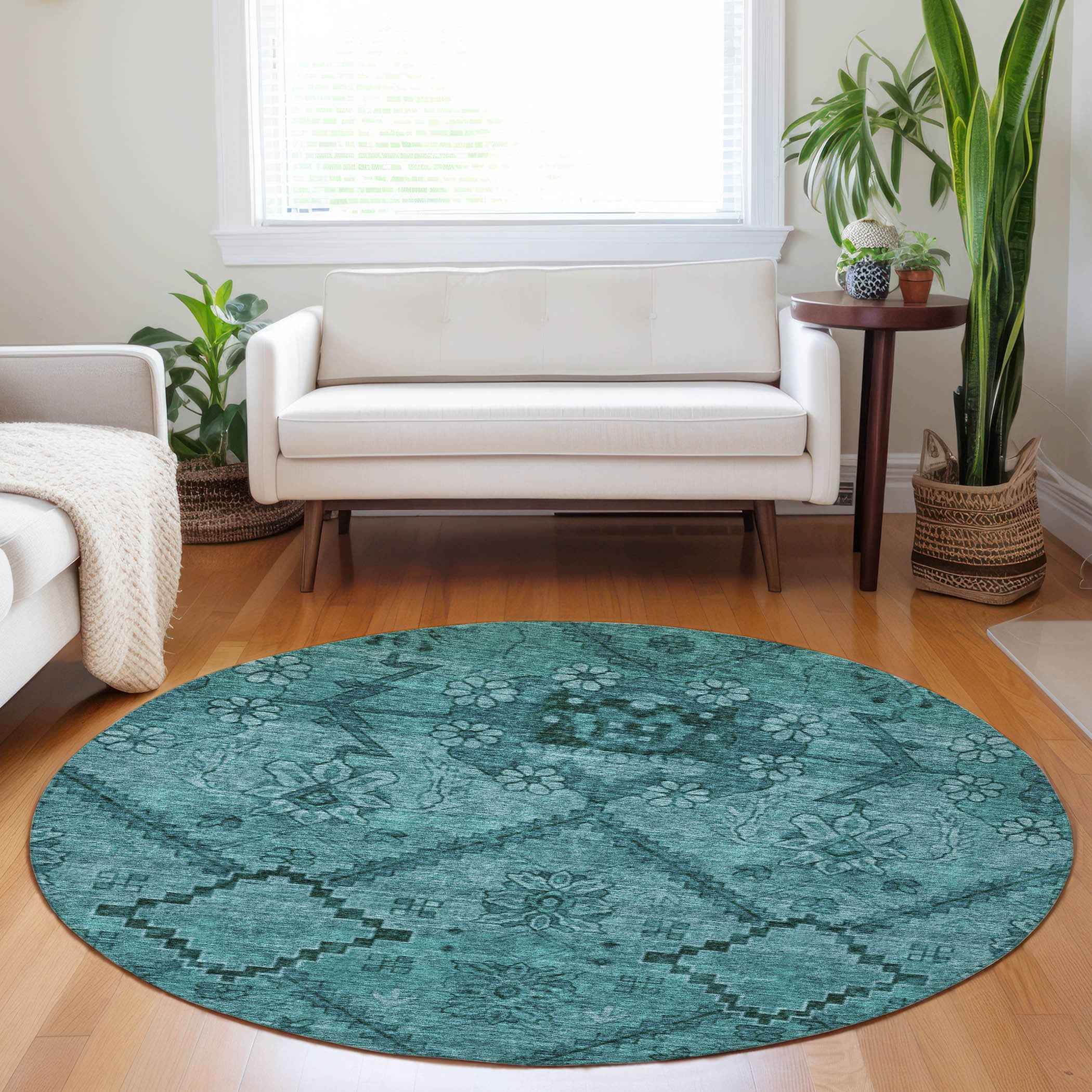 8' Teal Blue And Aqua Round Floral Washable Indoor Outdoor Area Rug