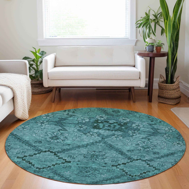 8' Teal Blue And Aqua Round Floral Washable Indoor Outdoor Area Rug