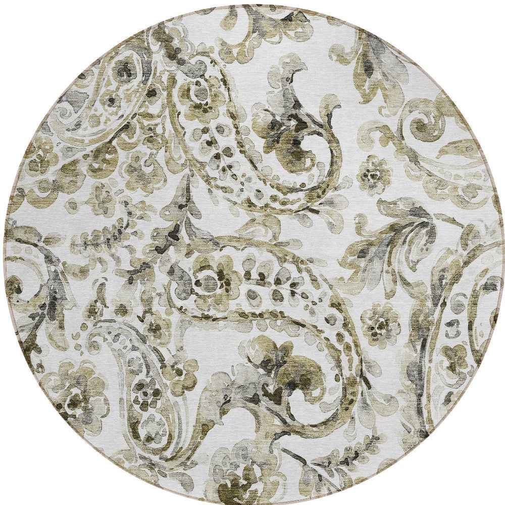 8' Brown Ivory And Tan Round Paisley Washable Indoor Outdoor Area Rug