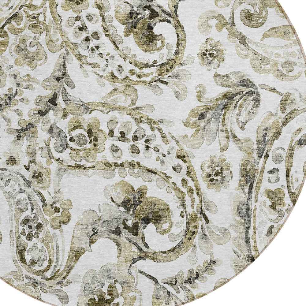 8' Brown Ivory And Tan Round Paisley Washable Indoor Outdoor Area Rug