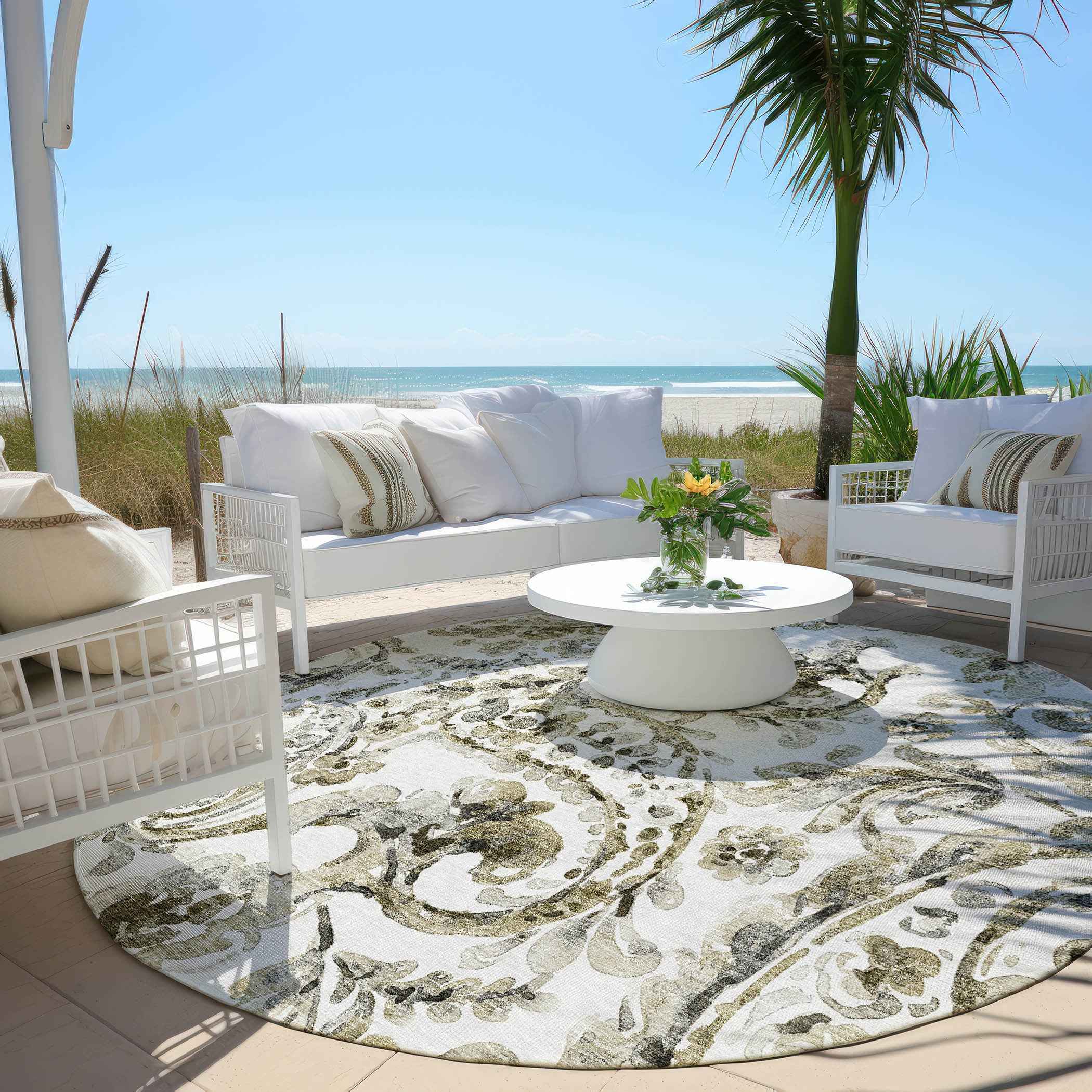 8' Brown Ivory And Tan Round Paisley Washable Indoor Outdoor Area Rug