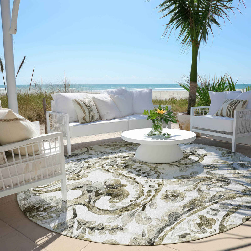 8' Brown Ivory And Tan Round Paisley Washable Indoor Outdoor Area Rug