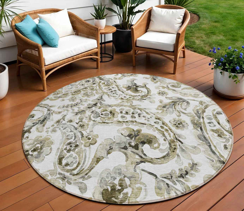 8' Brown Ivory And Tan Round Paisley Washable Indoor Outdoor Area Rug
