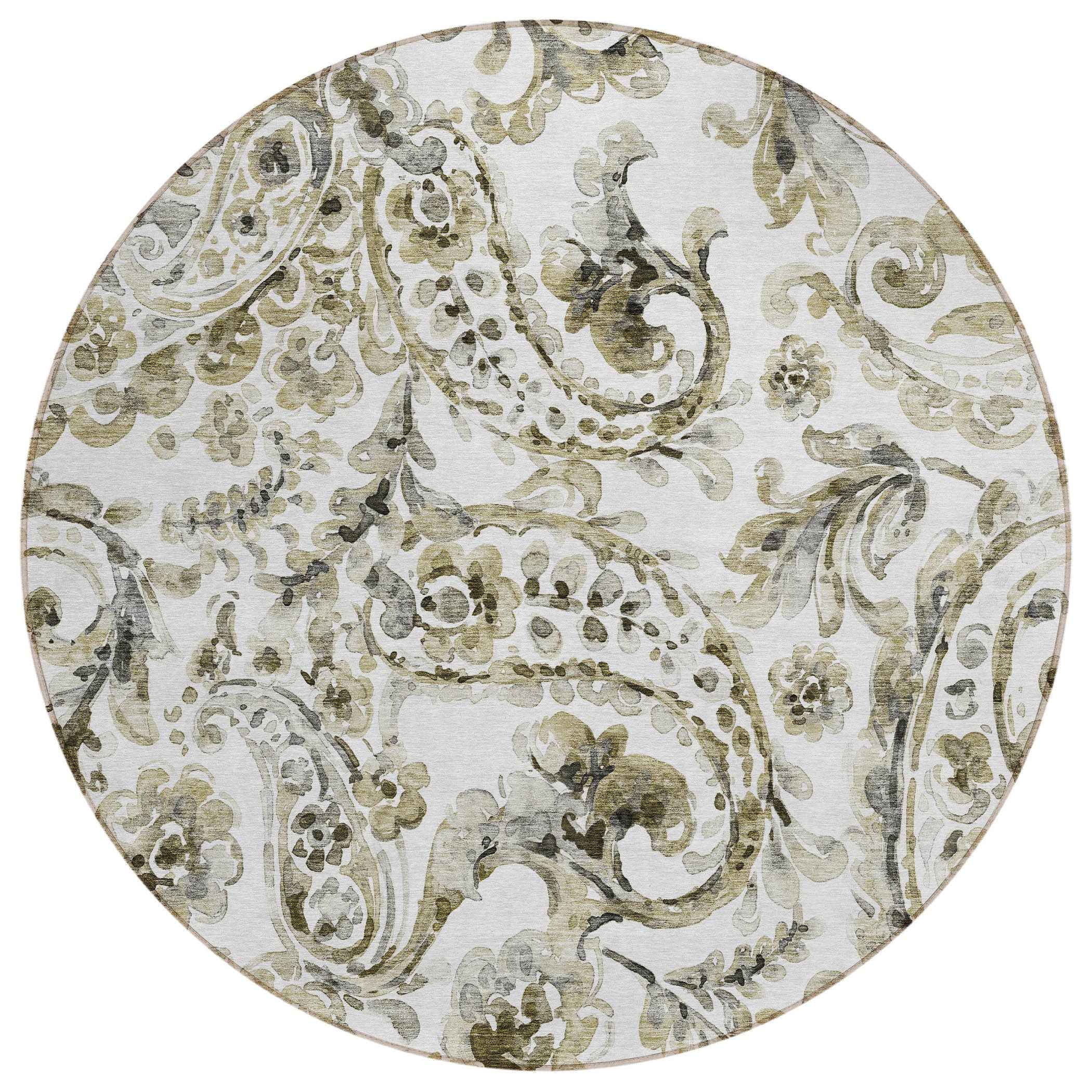 8' Brown Ivory And Tan Round Paisley Washable Indoor Outdoor Area Rug