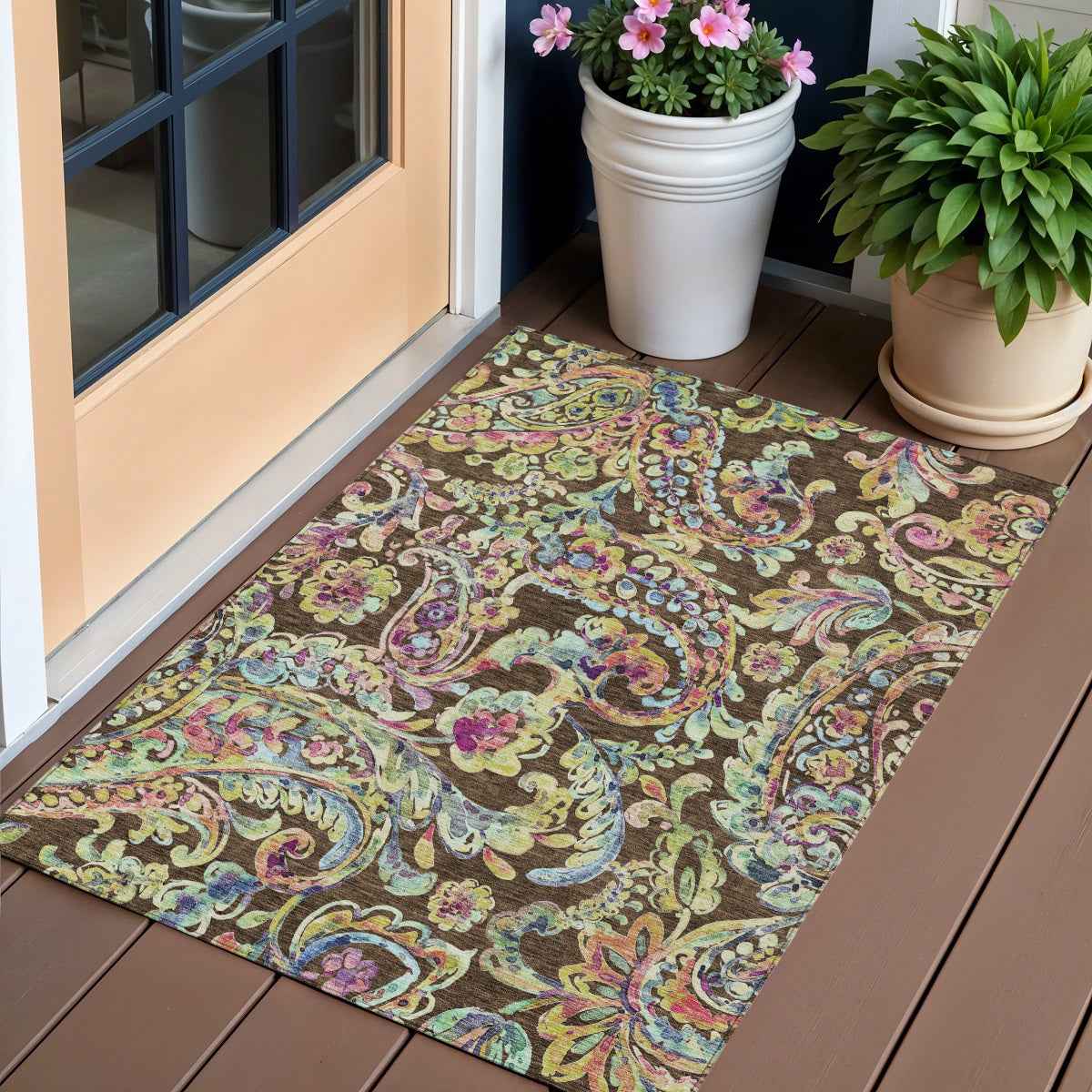 3' X 5' Chocolate And Artichoke Green Paisley Washable Indoor Outdoor Area Rug