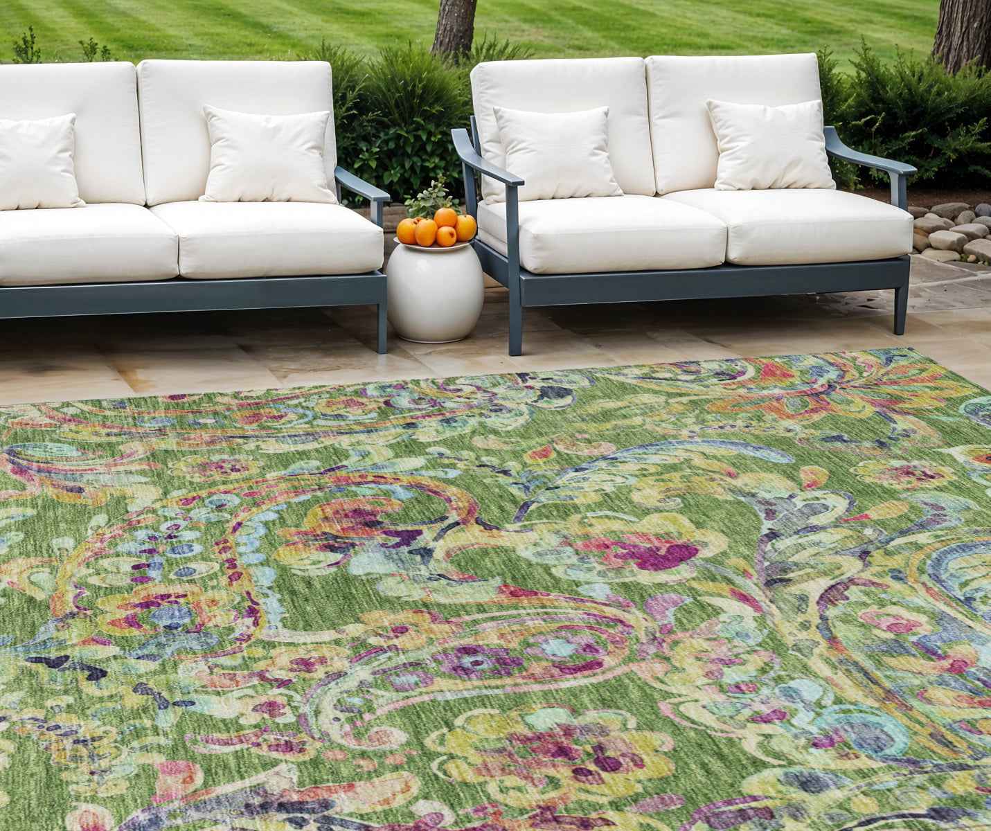 8' X 10' Fern Green And Artichoke Green Paisley Washable Indoor Outdoor Area Rug