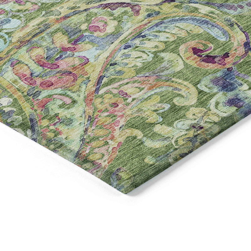 8' X 10' Fern Green And Artichoke Green Paisley Washable Indoor Outdoor Area Rug