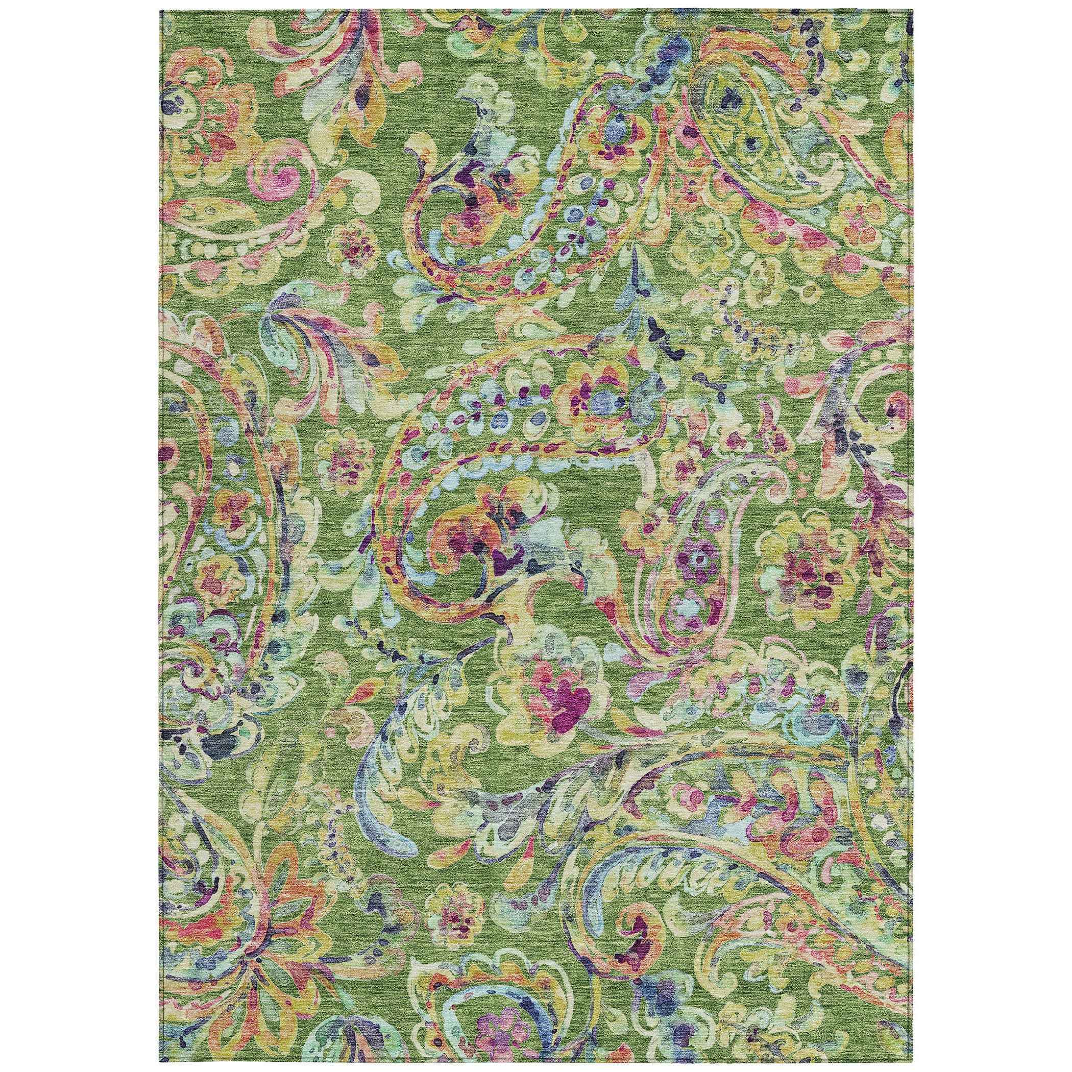 8' X 10' Fern Green And Artichoke Green Paisley Washable Indoor Outdoor Area Rug