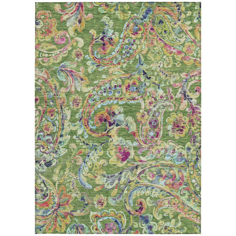 8' X 10' Fern Green And Artichoke Green Paisley Washable Indoor Outdoor Area Rug