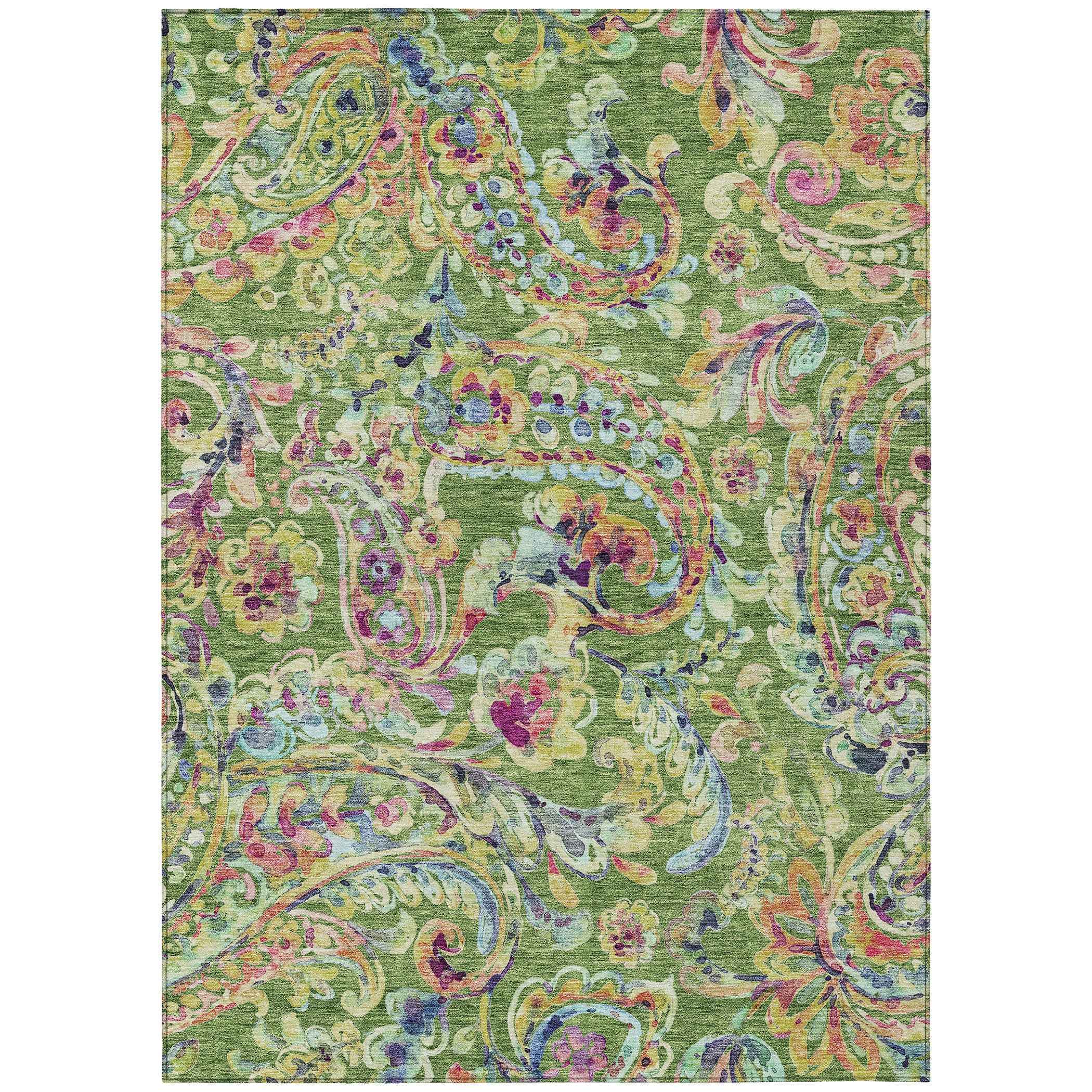 8' X 10' Fern Green And Artichoke Green Paisley Washable Indoor Outdoor Area Rug