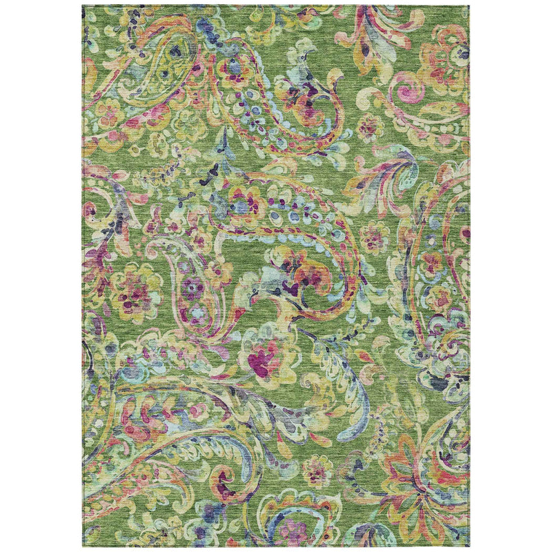 8' X 10' Fern Green And Artichoke Green Paisley Washable Indoor Outdoor Area Rug