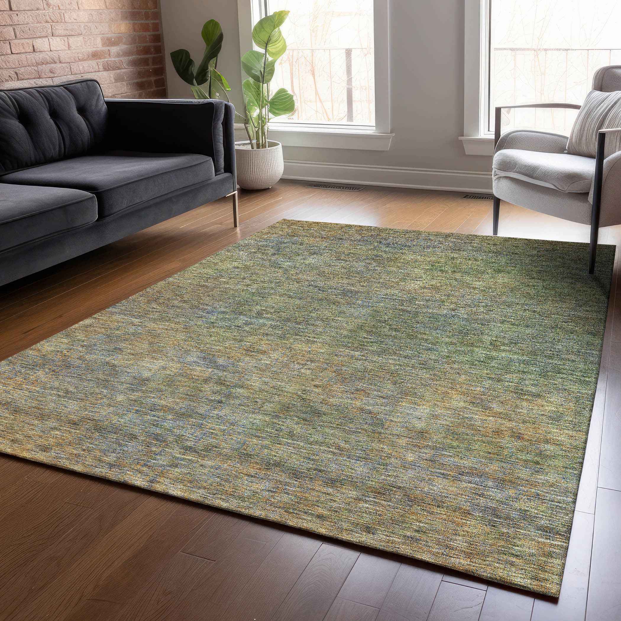 8' X 10' Green Gold And Charcoal Abstract Washable Indoor Outdoor Area Rug