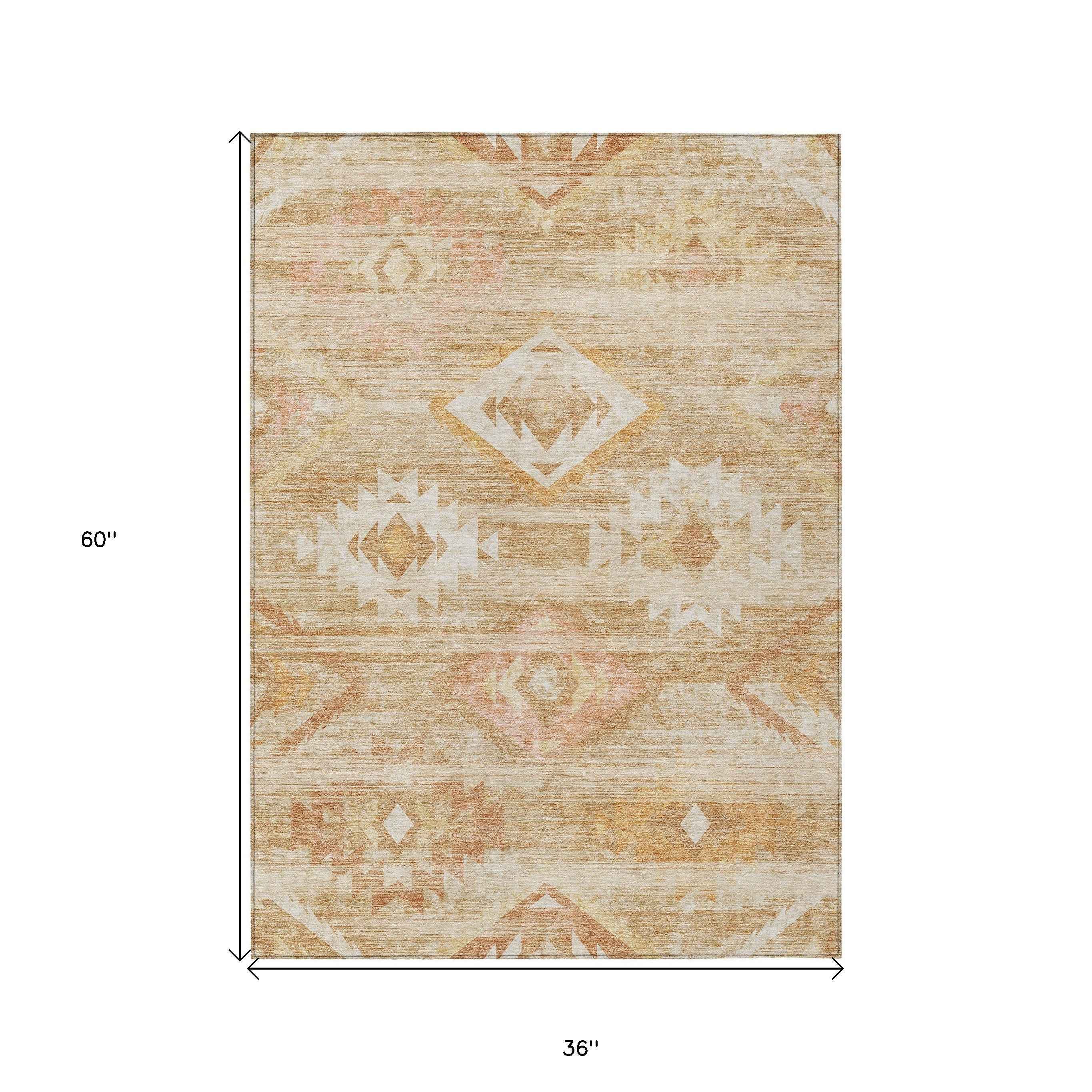 3' X 5' Copper Terra Cotta And Ivory Southwestern Washable Indoor Outdoor Area Rug
