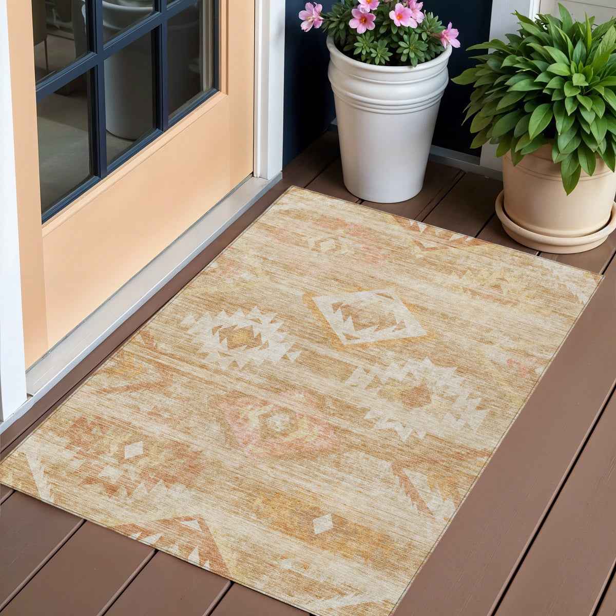 3' X 5' Copper Terra Cotta And Ivory Southwestern Washable Indoor Outdoor Area Rug