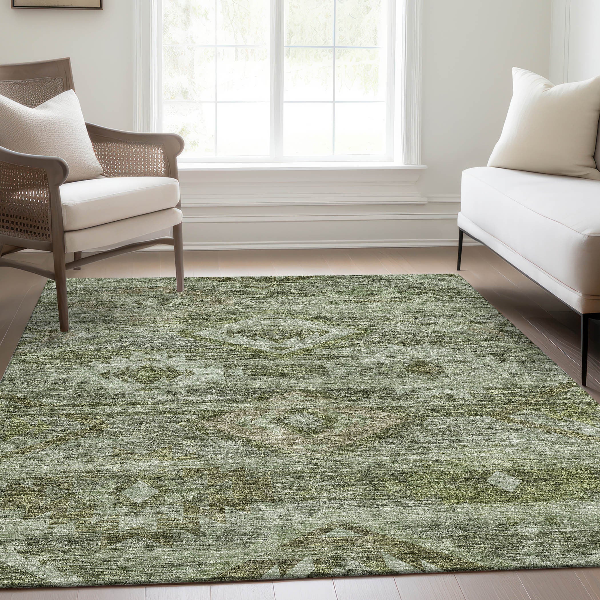 10' X 14' Olive Green And Fern Green Southwestern Washable Indoor Outdoor Area Rug