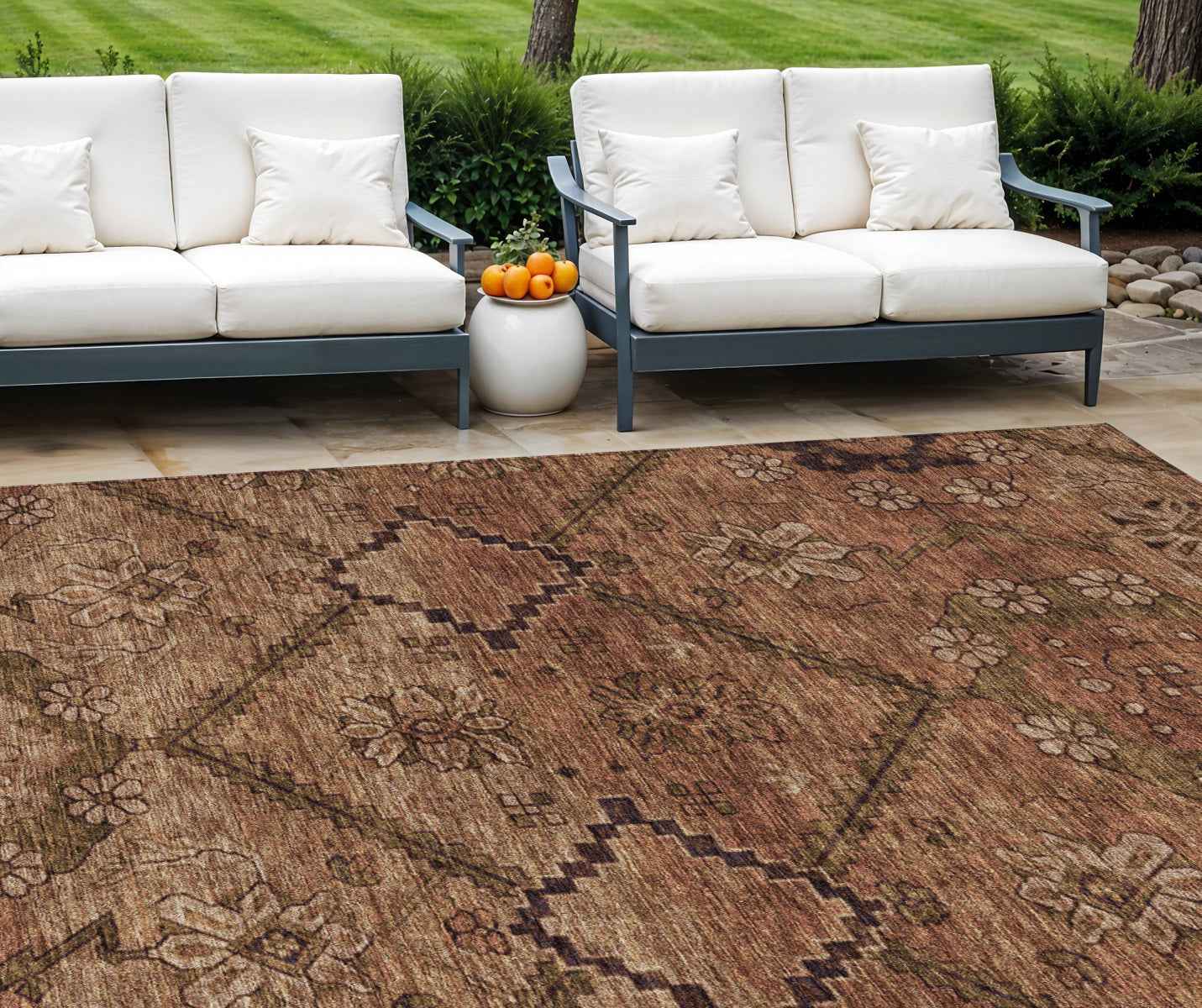 9' X 12' Orange Copper And Brown Floral Washable Indoor Outdoor Area Rug