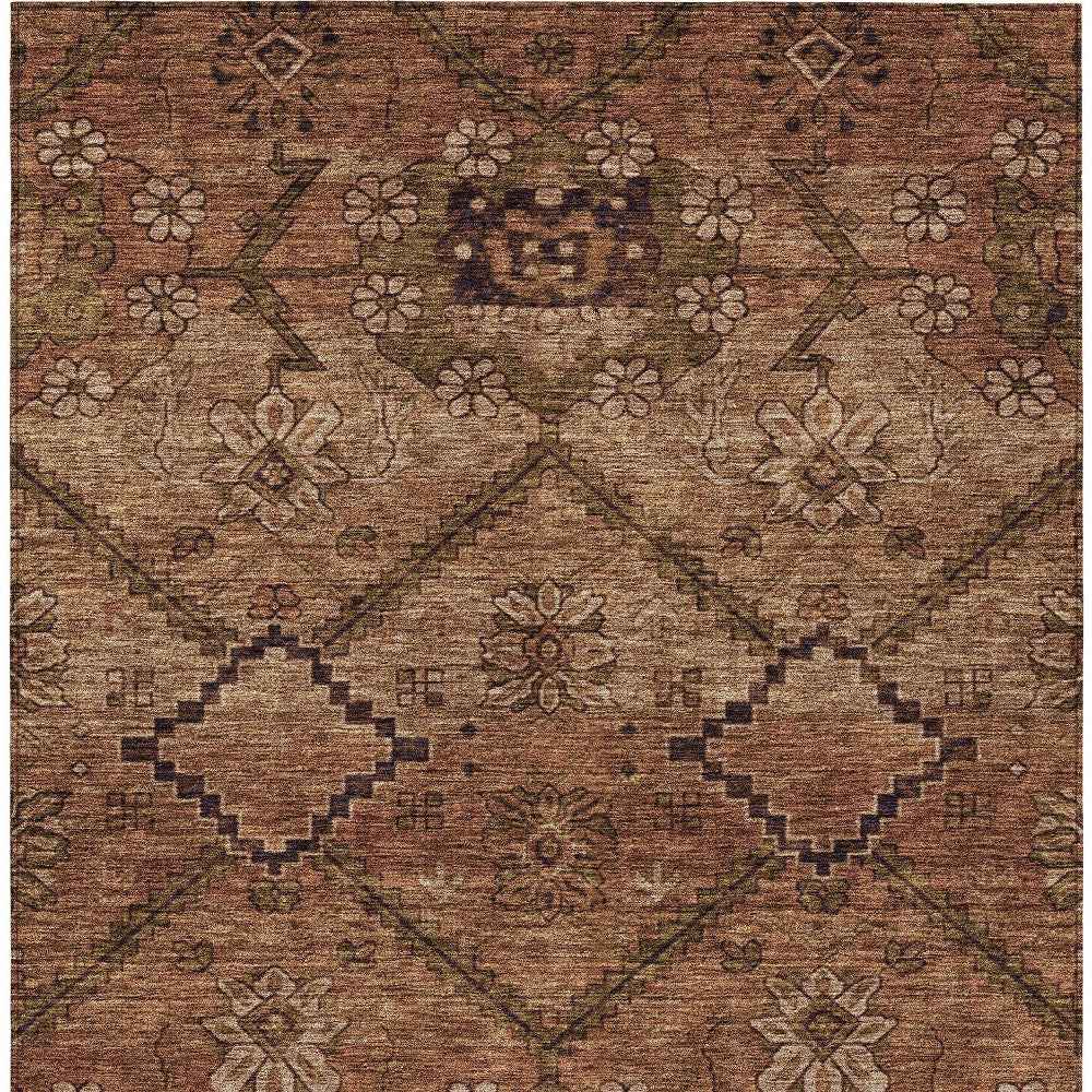 9' X 12' Orange Copper And Brown Floral Washable Indoor Outdoor Area Rug