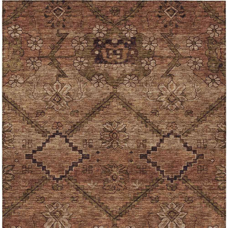 9' X 12' Orange Copper And Brown Floral Washable Indoor Outdoor Area Rug
