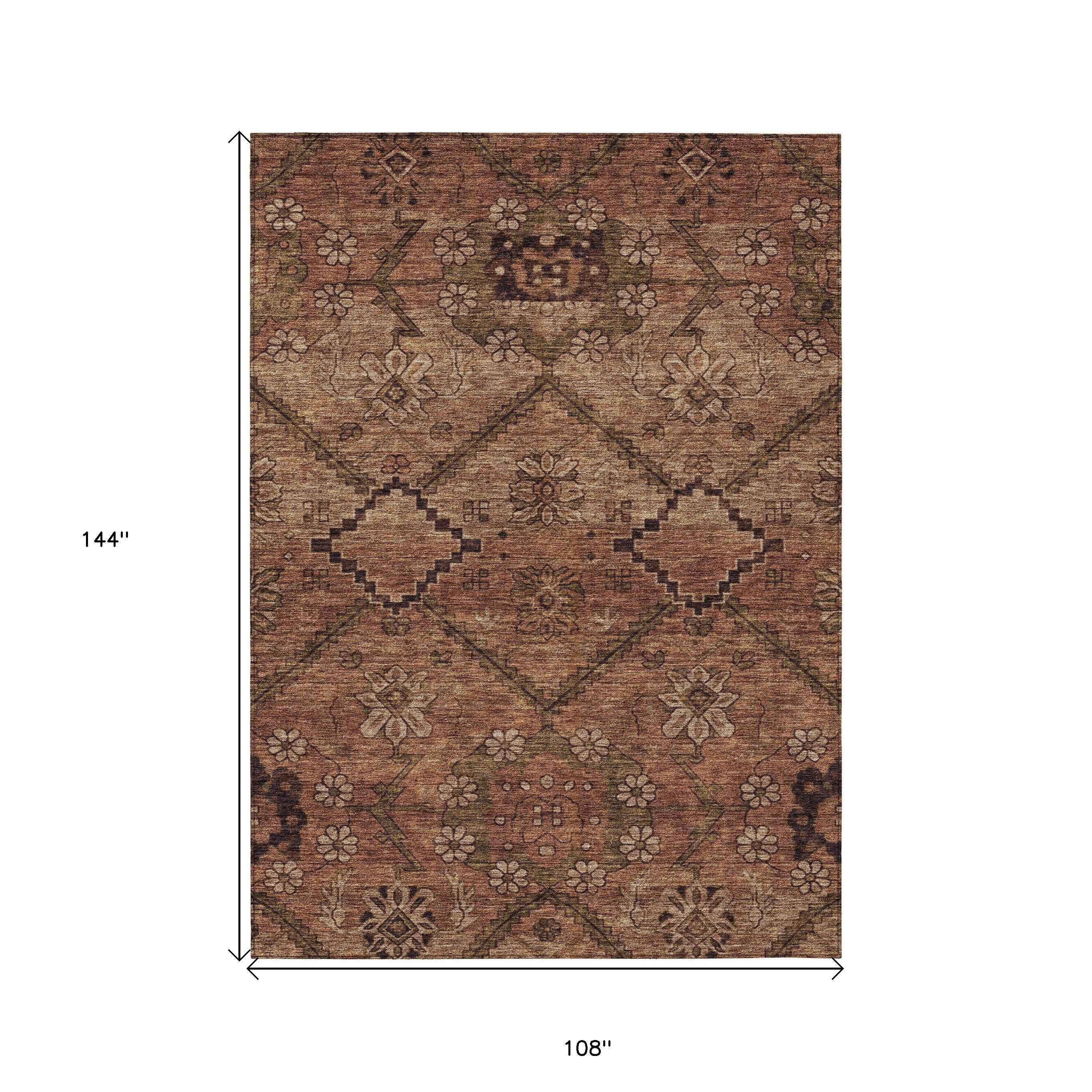 9' X 12' Orange Copper And Brown Floral Washable Indoor Outdoor Area Rug