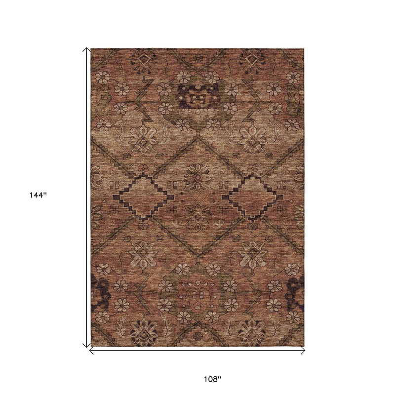 9' X 12' Orange Copper And Brown Floral Washable Indoor Outdoor Area Rug