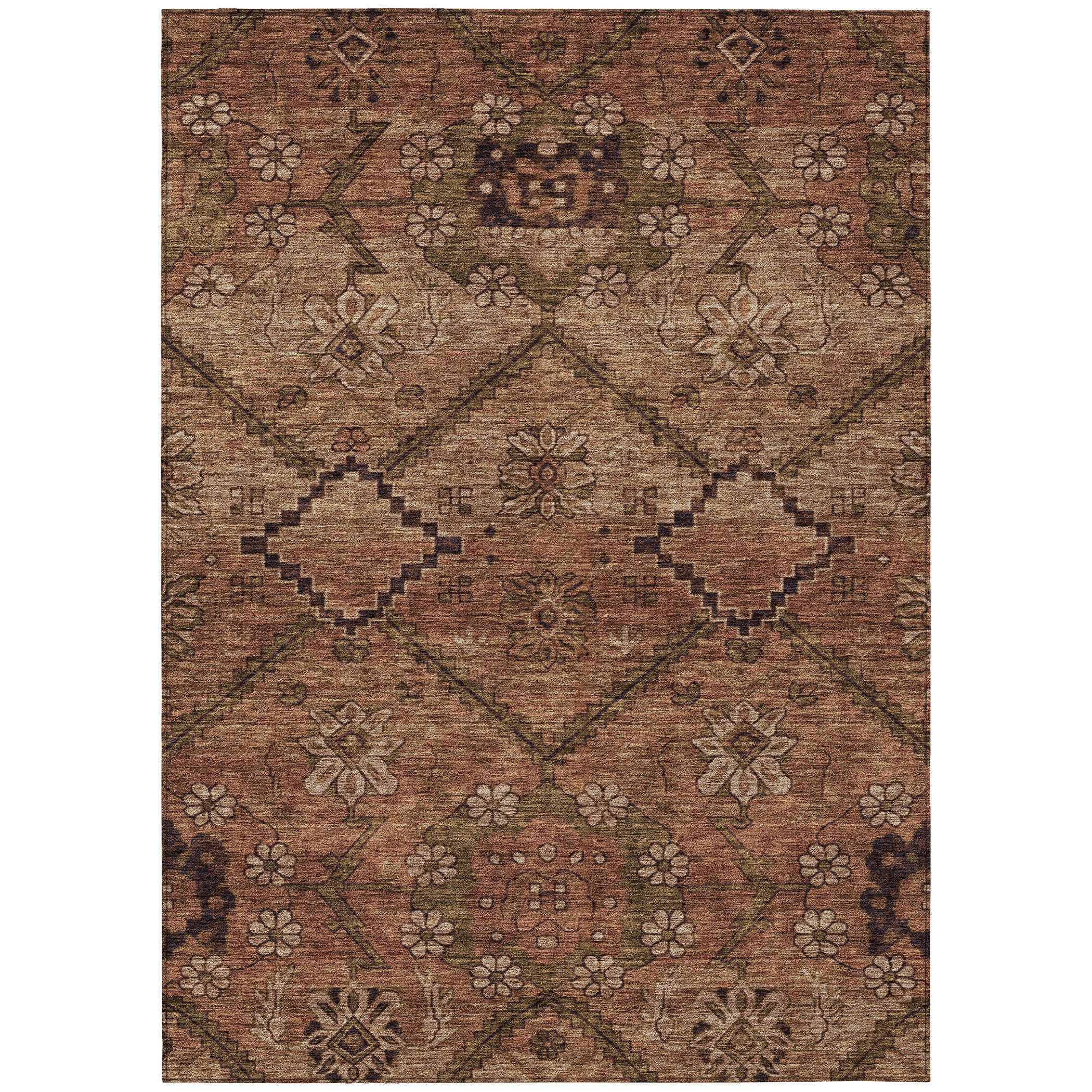 9' X 12' Orange Copper And Brown Floral Washable Indoor Outdoor Area Rug