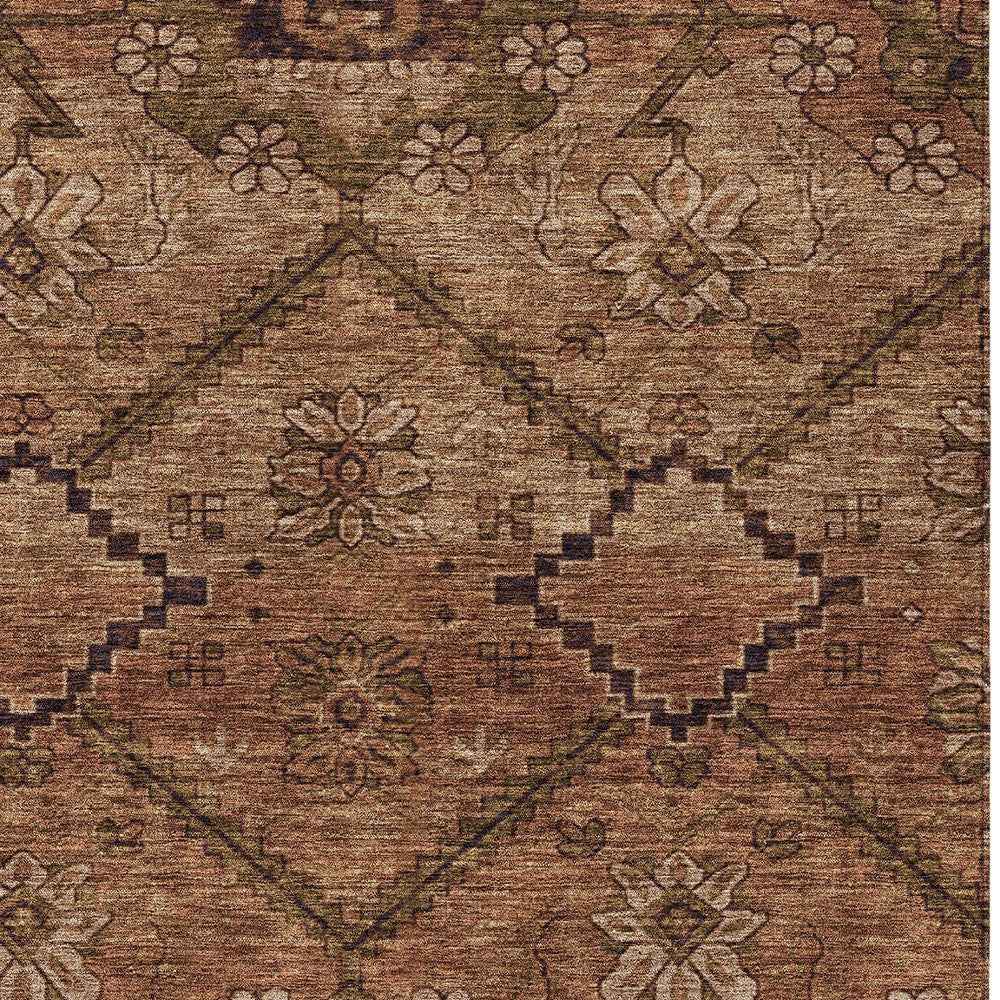 9' X 12' Orange Copper And Brown Floral Washable Indoor Outdoor Area Rug