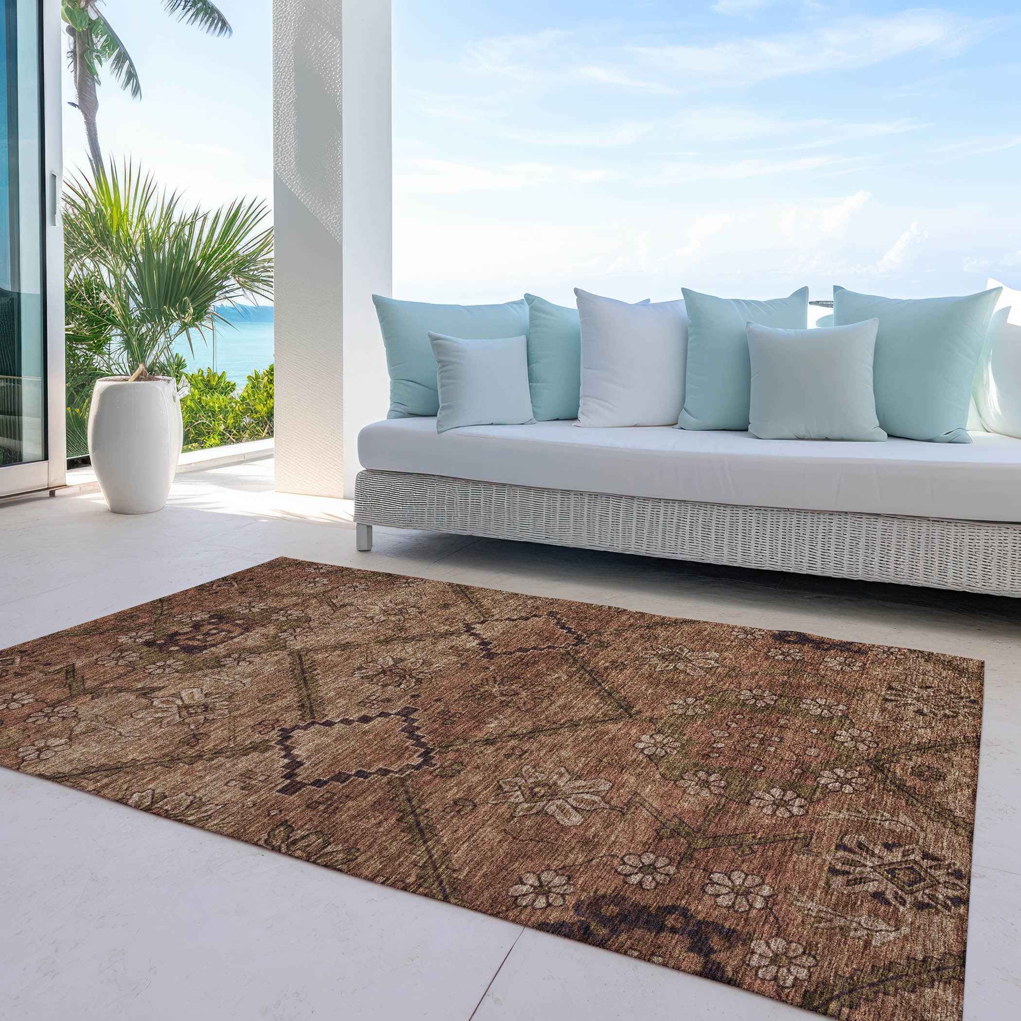 9' X 12' Orange Copper And Brown Floral Washable Indoor Outdoor Area Rug