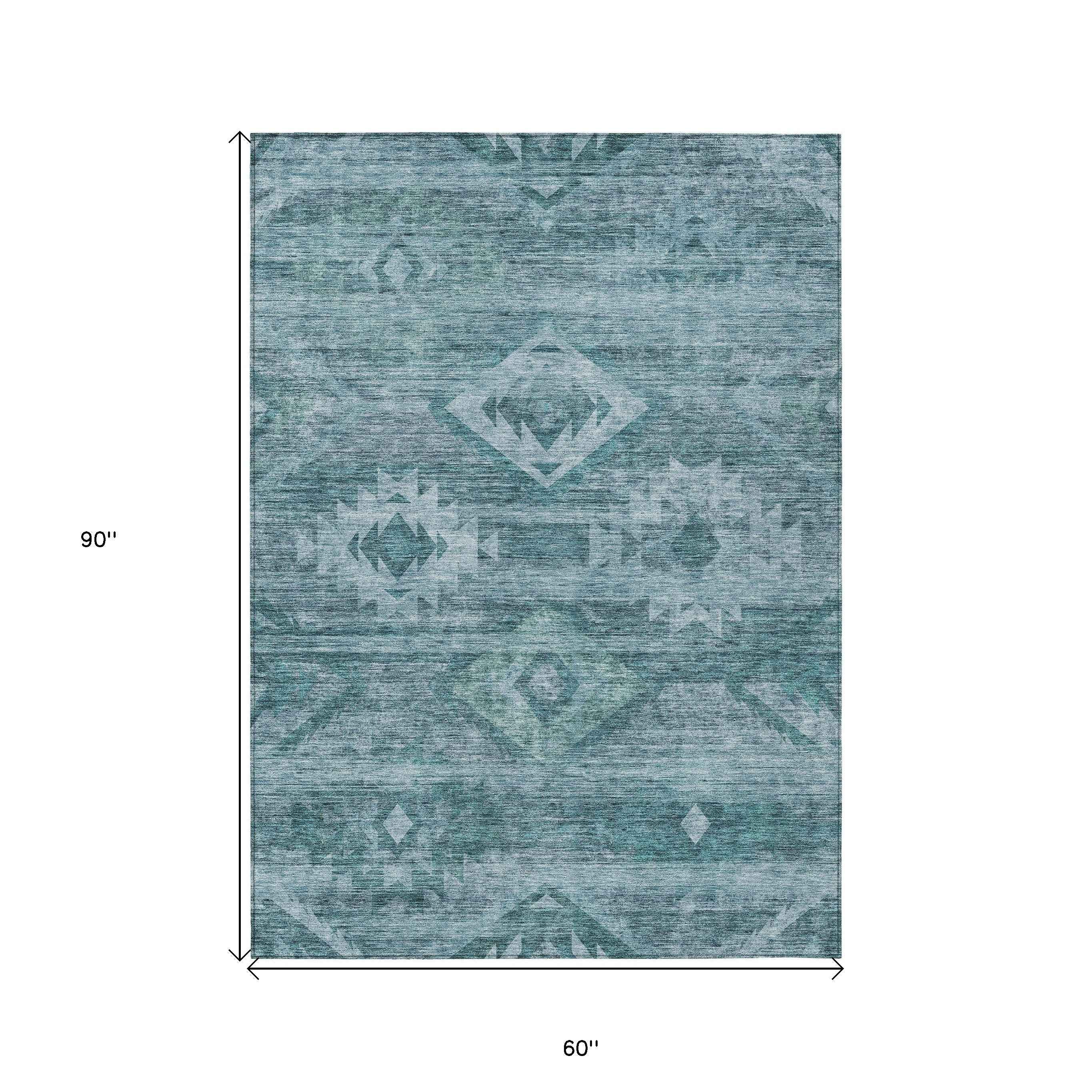 5' X 8' Teal Blue And Aqua Southwestern Washable Indoor Outdoor Area Rug