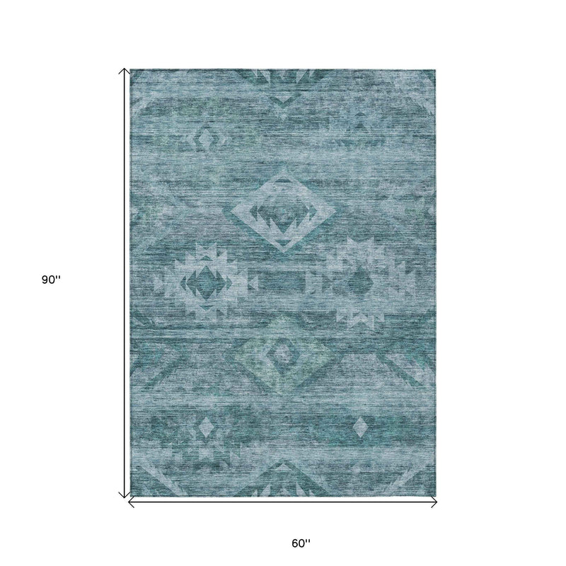 5' X 8' Teal Blue And Aqua Southwestern Washable Indoor Outdoor Area Rug