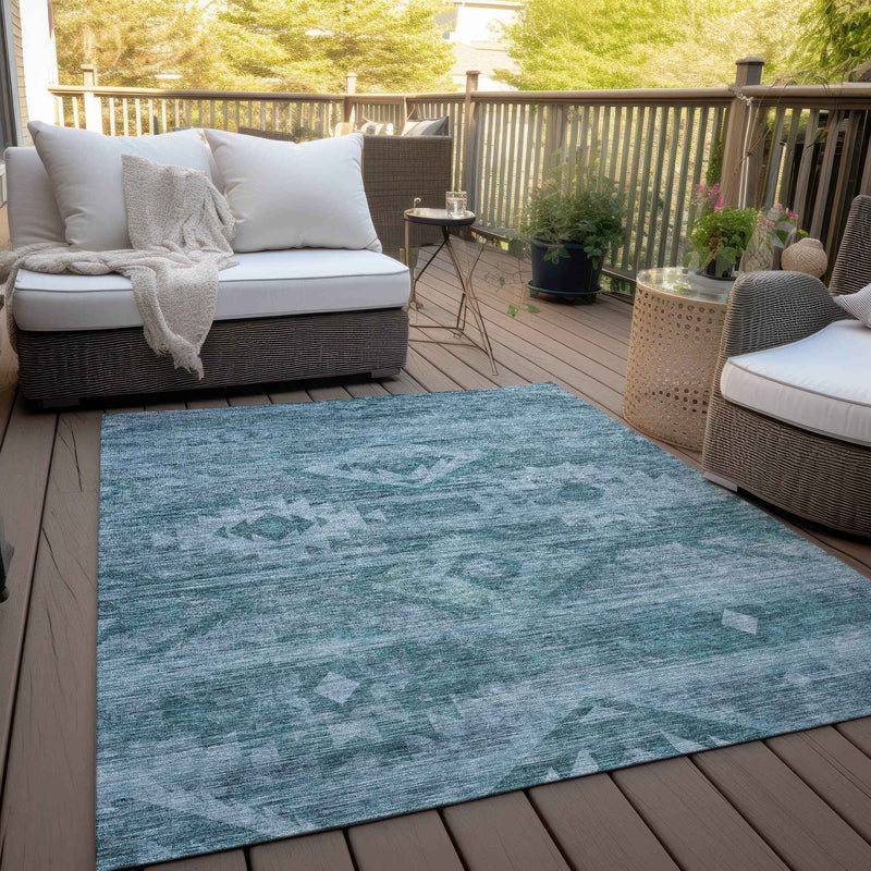 5' X 8' Teal Blue And Aqua Southwestern Washable Indoor Outdoor Area Rug