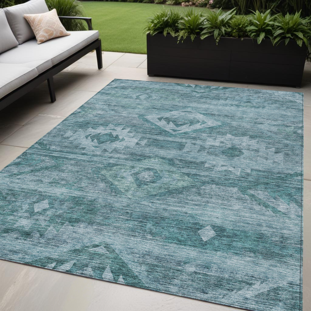 5' X 8' Teal Blue And Aqua Southwestern Washable Indoor Outdoor Area Rug