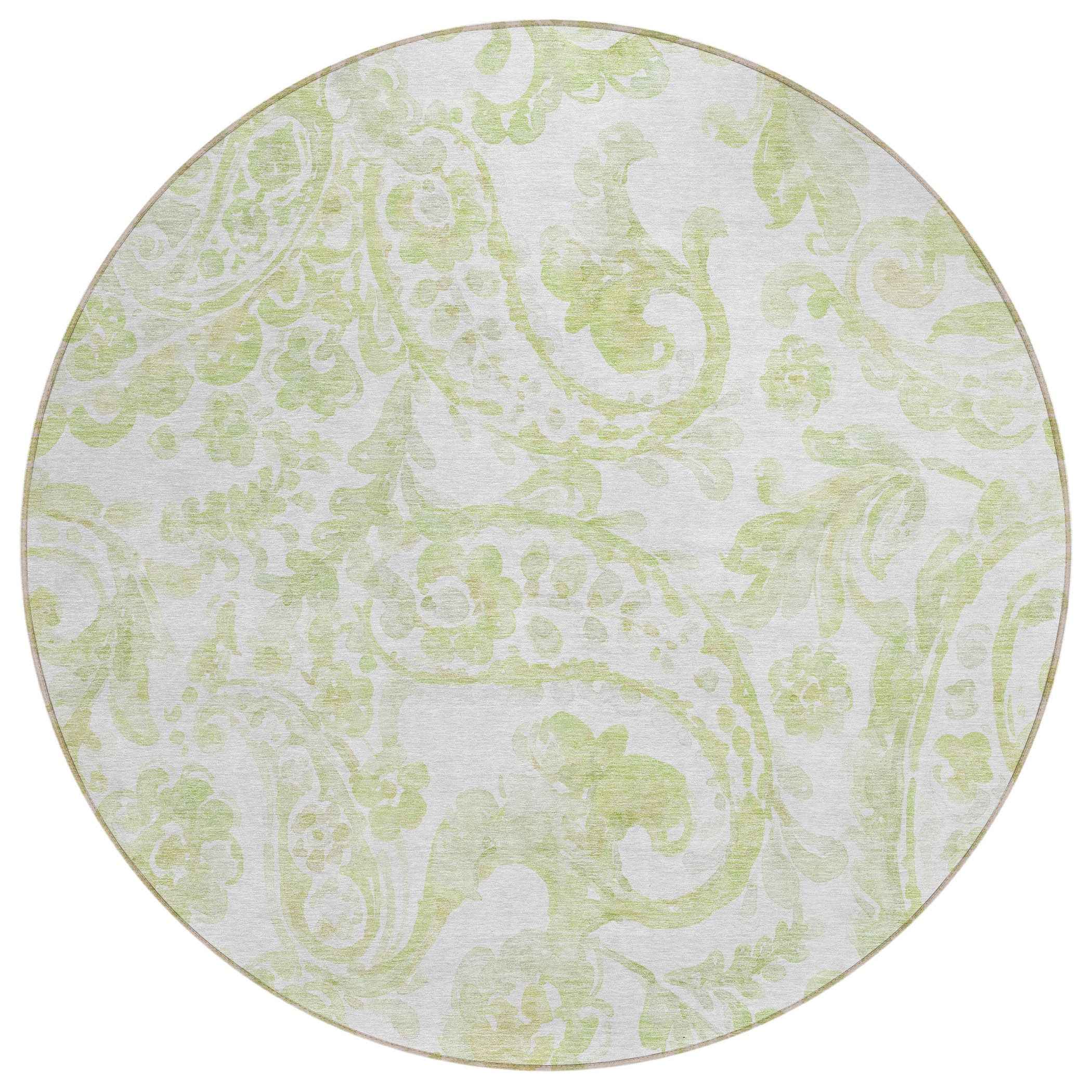 8' Sage Green And Ivory Round Paisley Washable Indoor Outdoor Area Rug