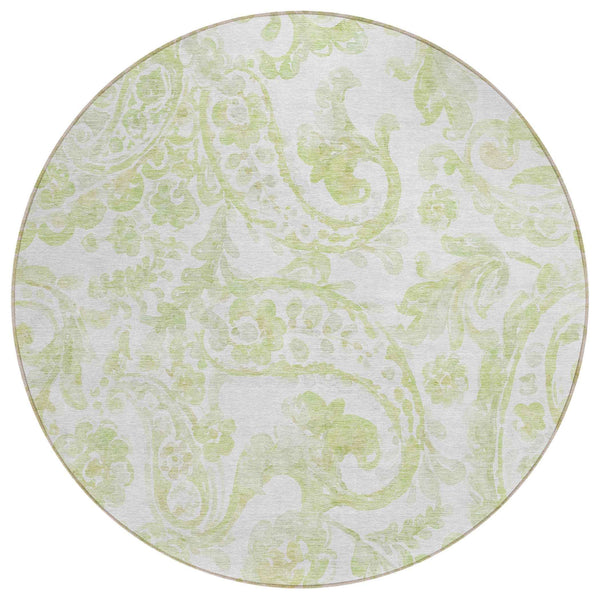 8' Sage Green And Ivory Round Paisley Washable Indoor Outdoor Area Rug