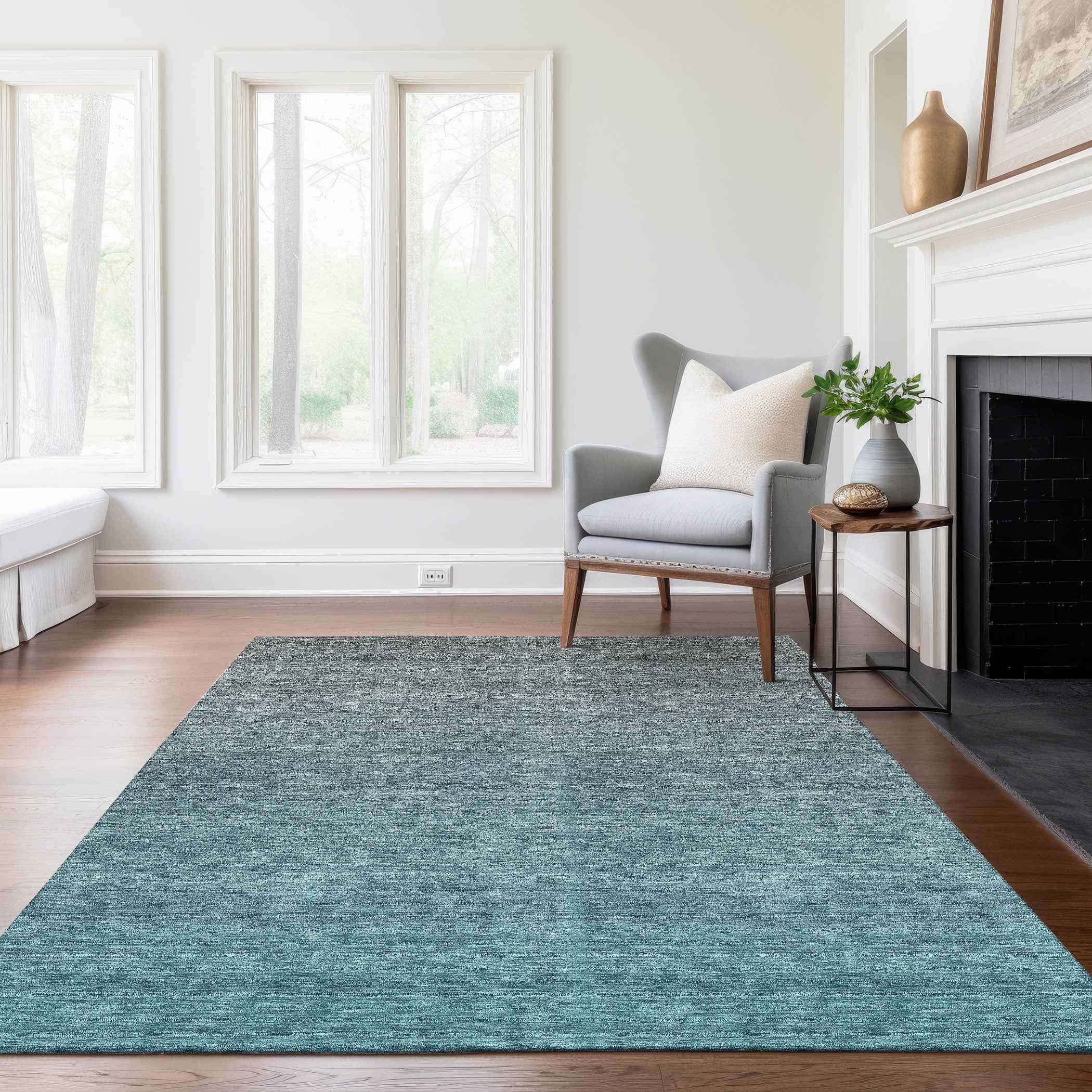5' X 8' Teal Blue Gray And Charcoal Ombre Washable Indoor Outdoor Area Rug