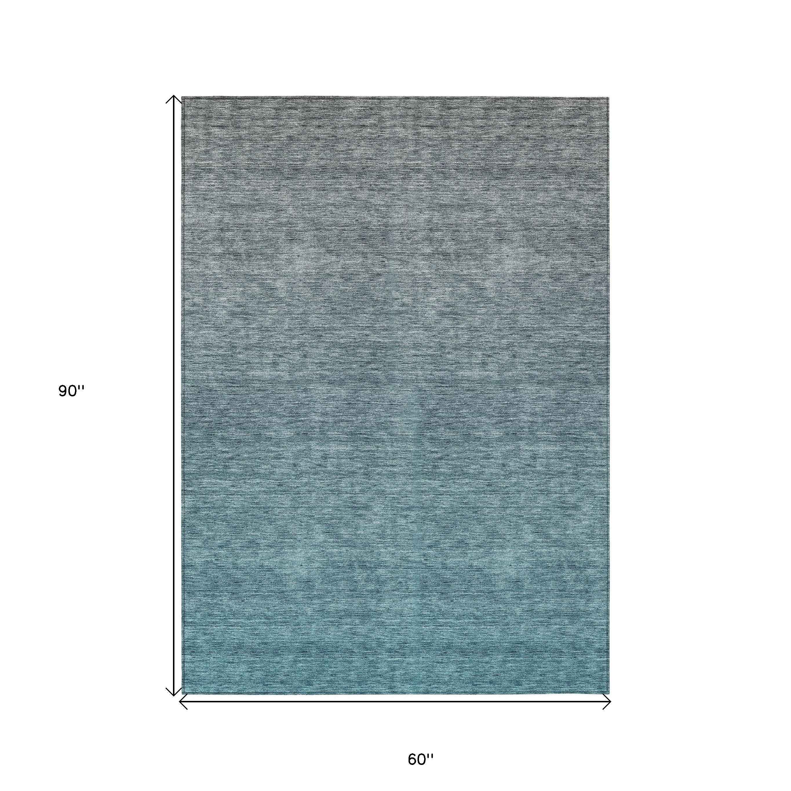 5' X 8' Teal Blue Gray And Charcoal Ombre Washable Indoor Outdoor Area Rug